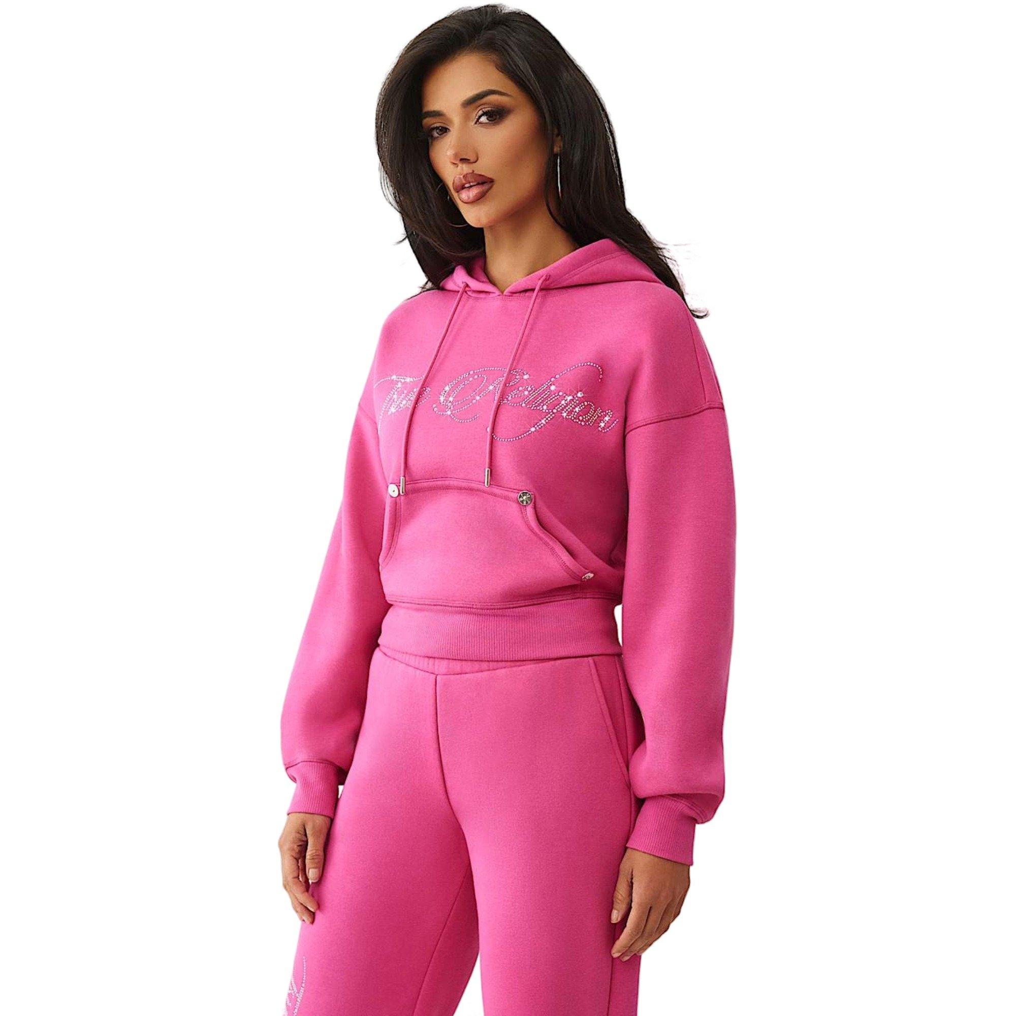 True Religion Women's Relaxed Crystal Crown Cropped Hoodie - PINK Thumbnail View 3