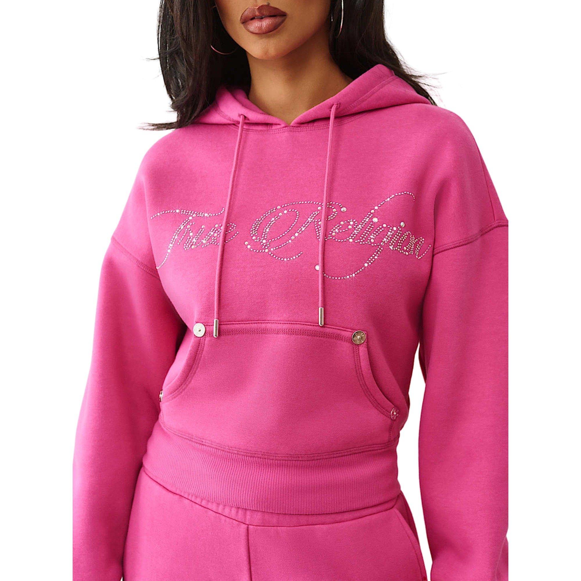 True Religion Women's Relaxed Crystal Crown Cropped Hoodie - PINK Thumbnail View 4
