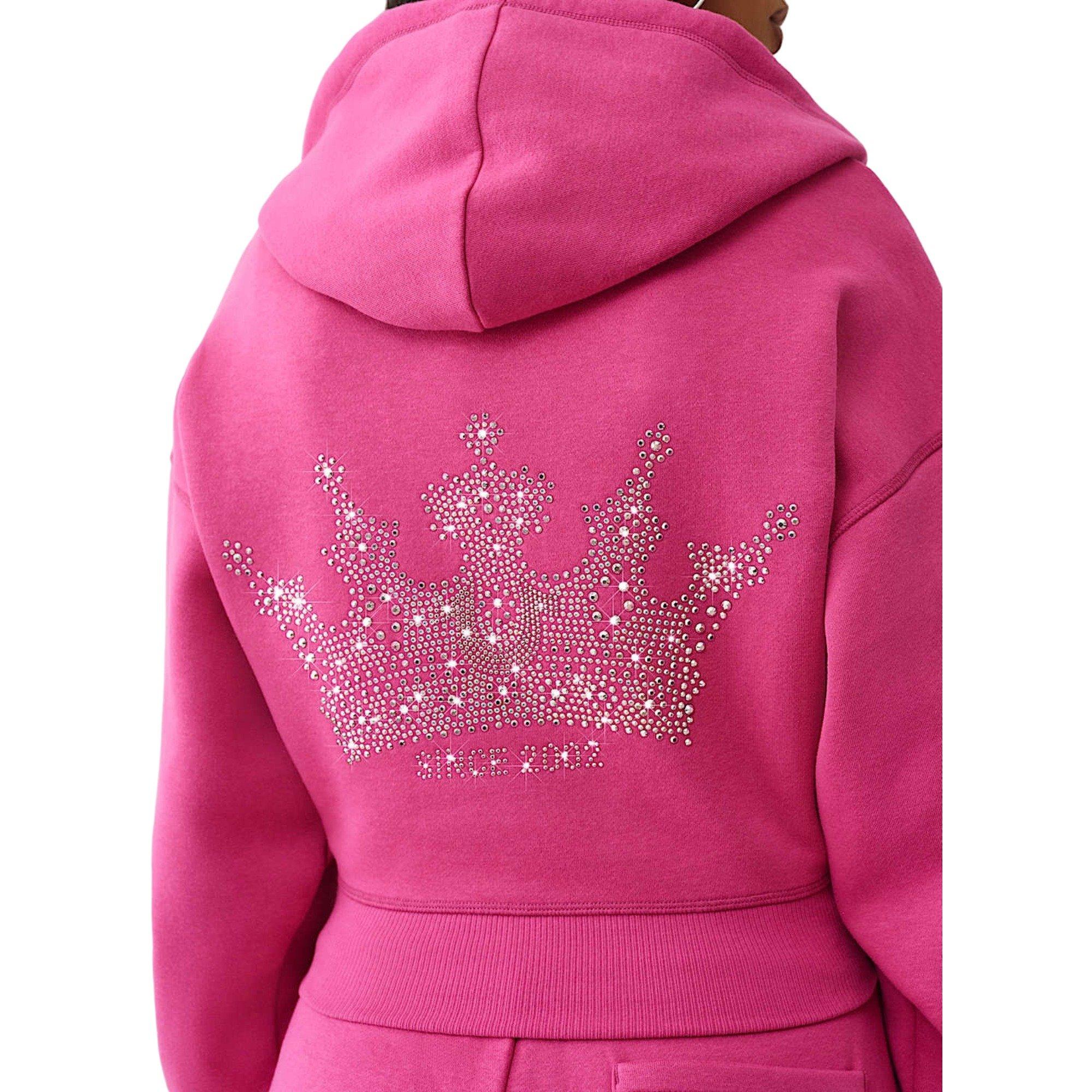 True Religion Women's Relaxed Crystal Crown Cropped Hoodie - PINK Thumbnail View 5