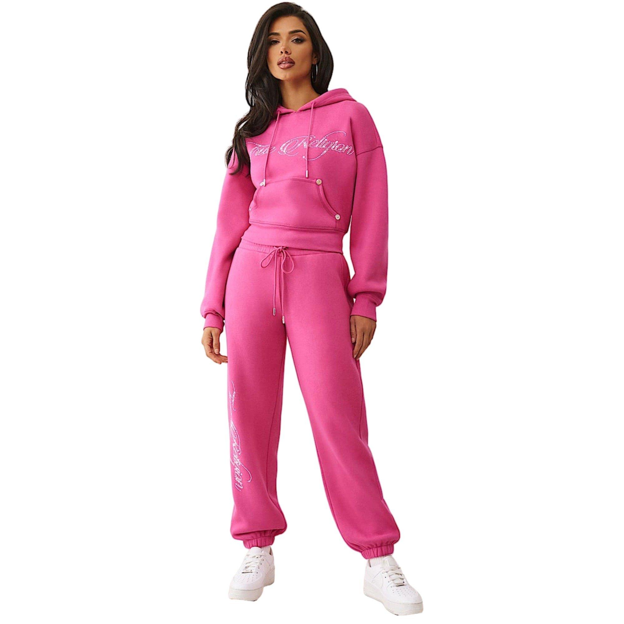 True Religion Women's Relaxed Crystal Crown Cropped Hoodie - PINK Thumbnail View 6