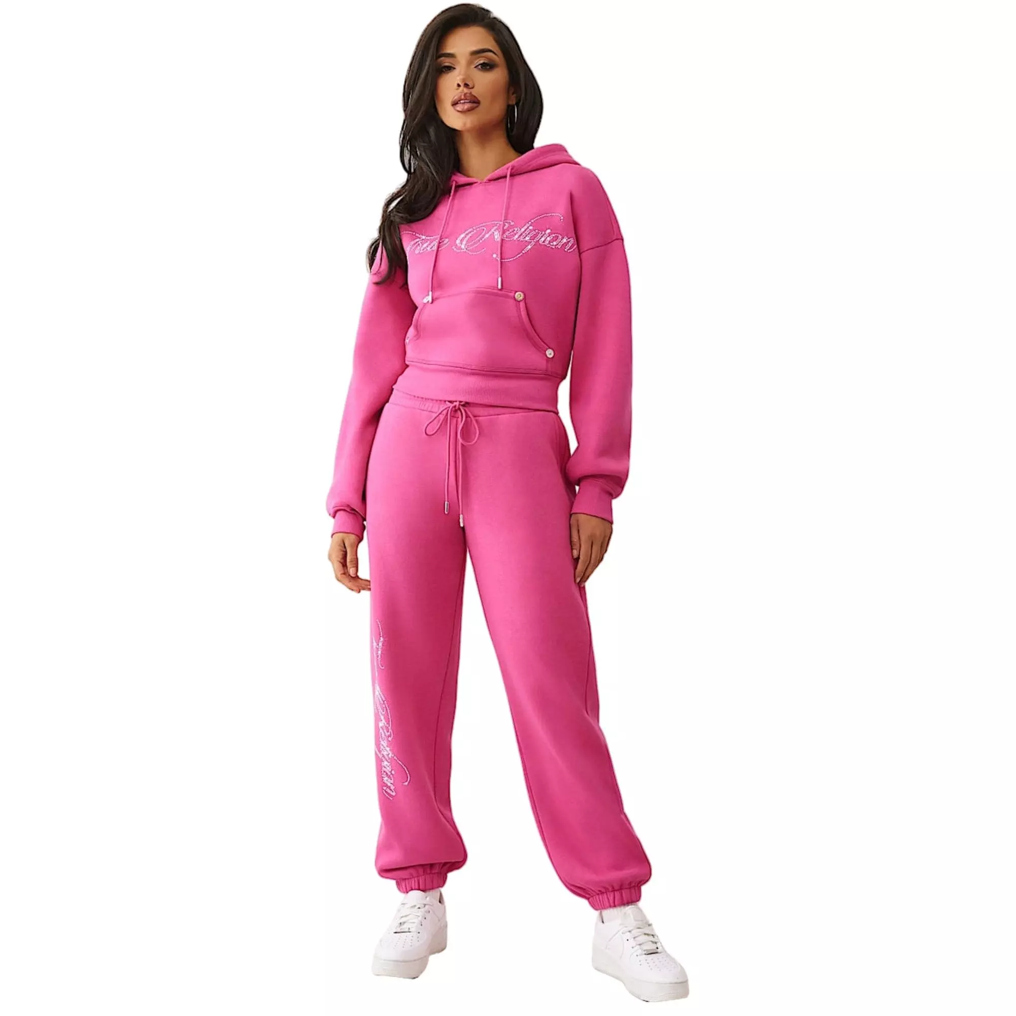 True Religion Women's Relaxed Crystal Crown Cropped Hoodie - PINK