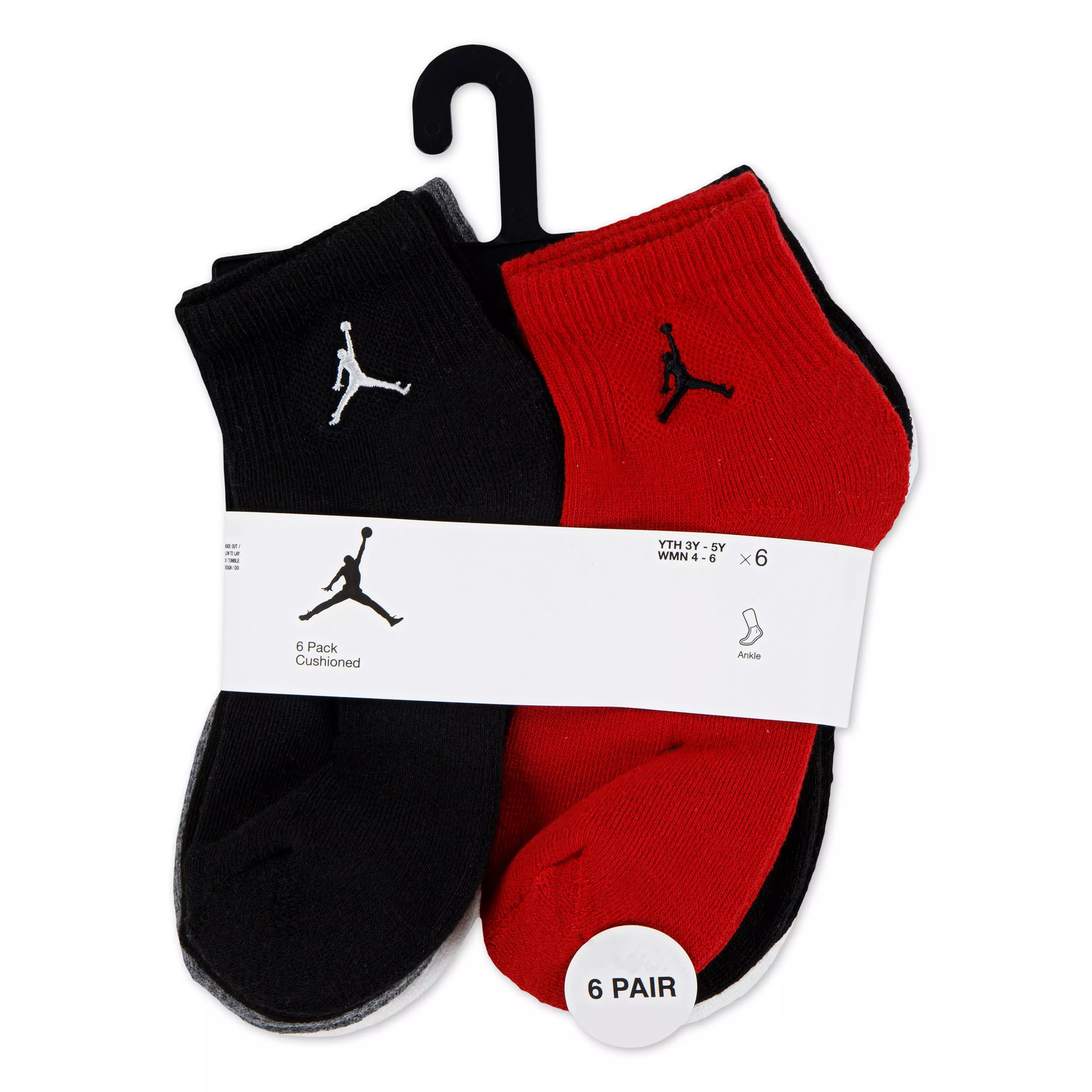 Jordan Big Kids' Everyday Essentials 6-Pack Multi Ankle Socks - BLACK/RED/WHITE