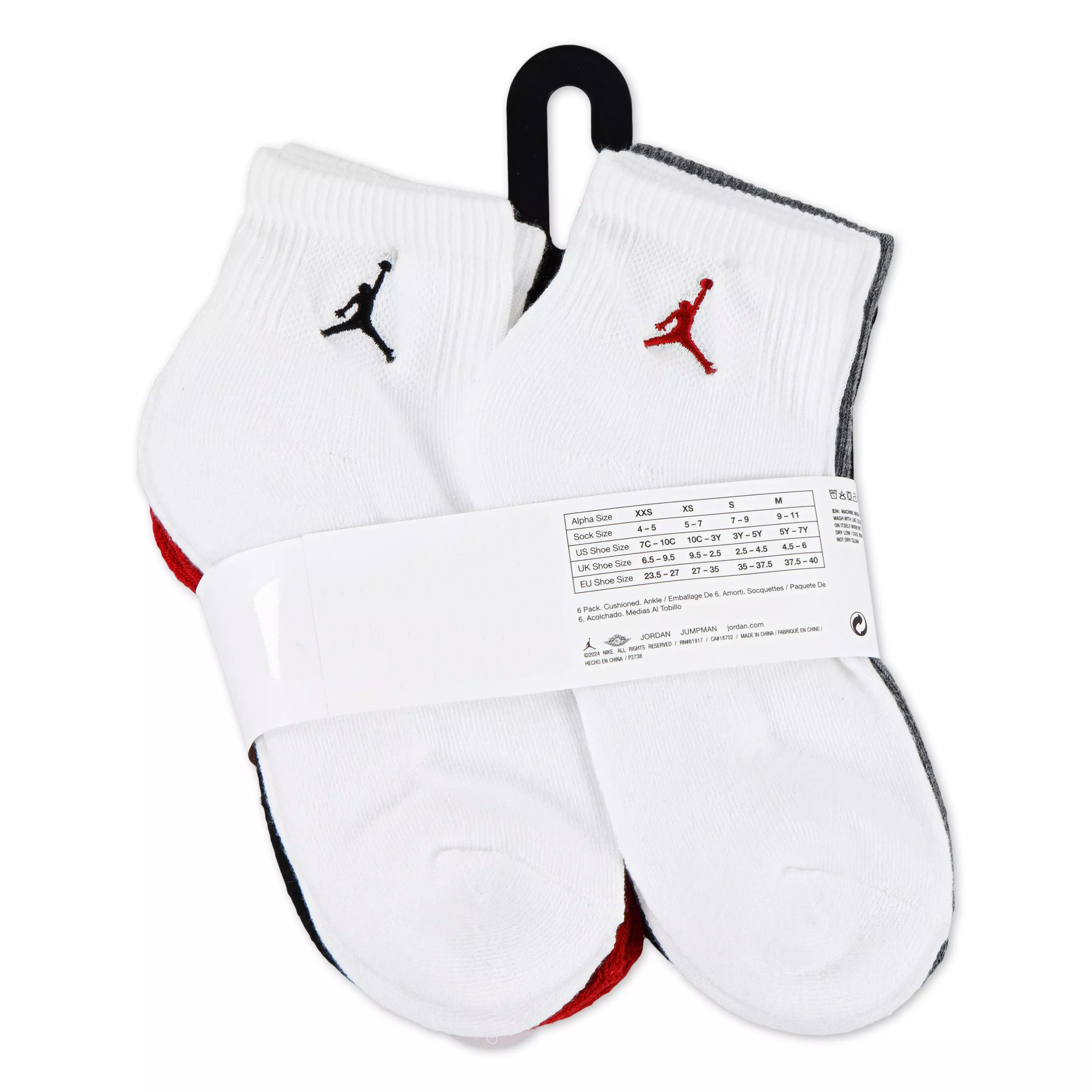 Jordan Big Kids' Everyday Essentials 6-Pack Multi Ankle Socks - BLACK/RED/WHITE