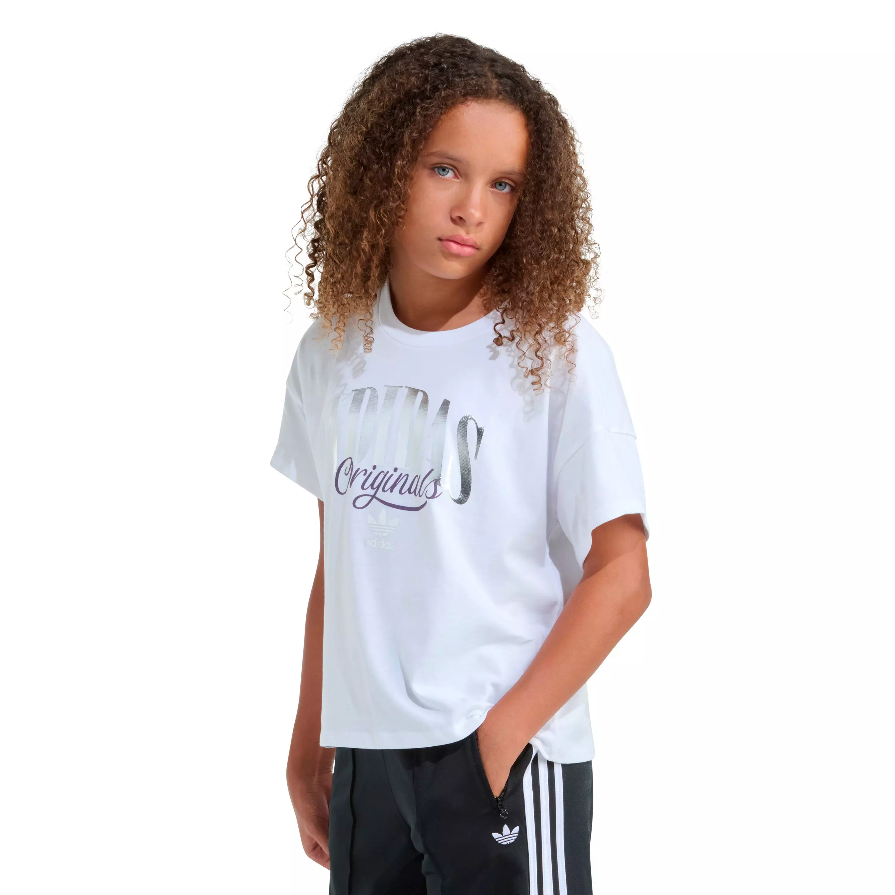 adidas Big Girls' White and Silver Tee - WHITE/SILVER
