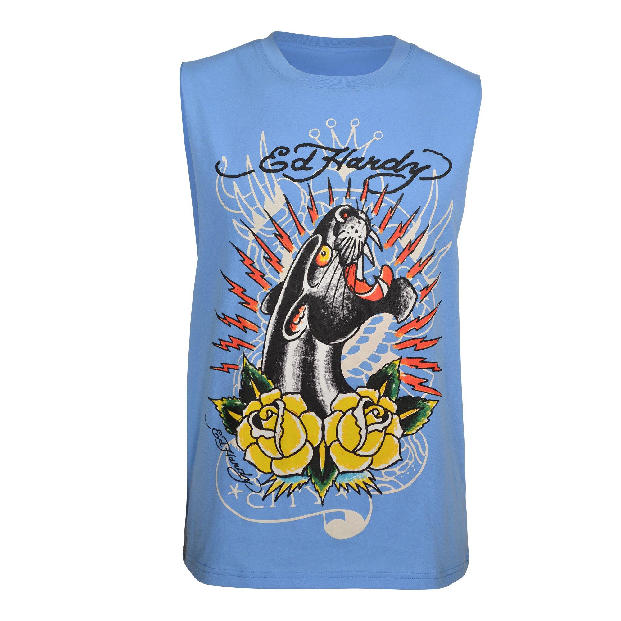 Ed Hardy Men's Panther Roses Muscle Tank Top - BLUE Thumbnail View 1