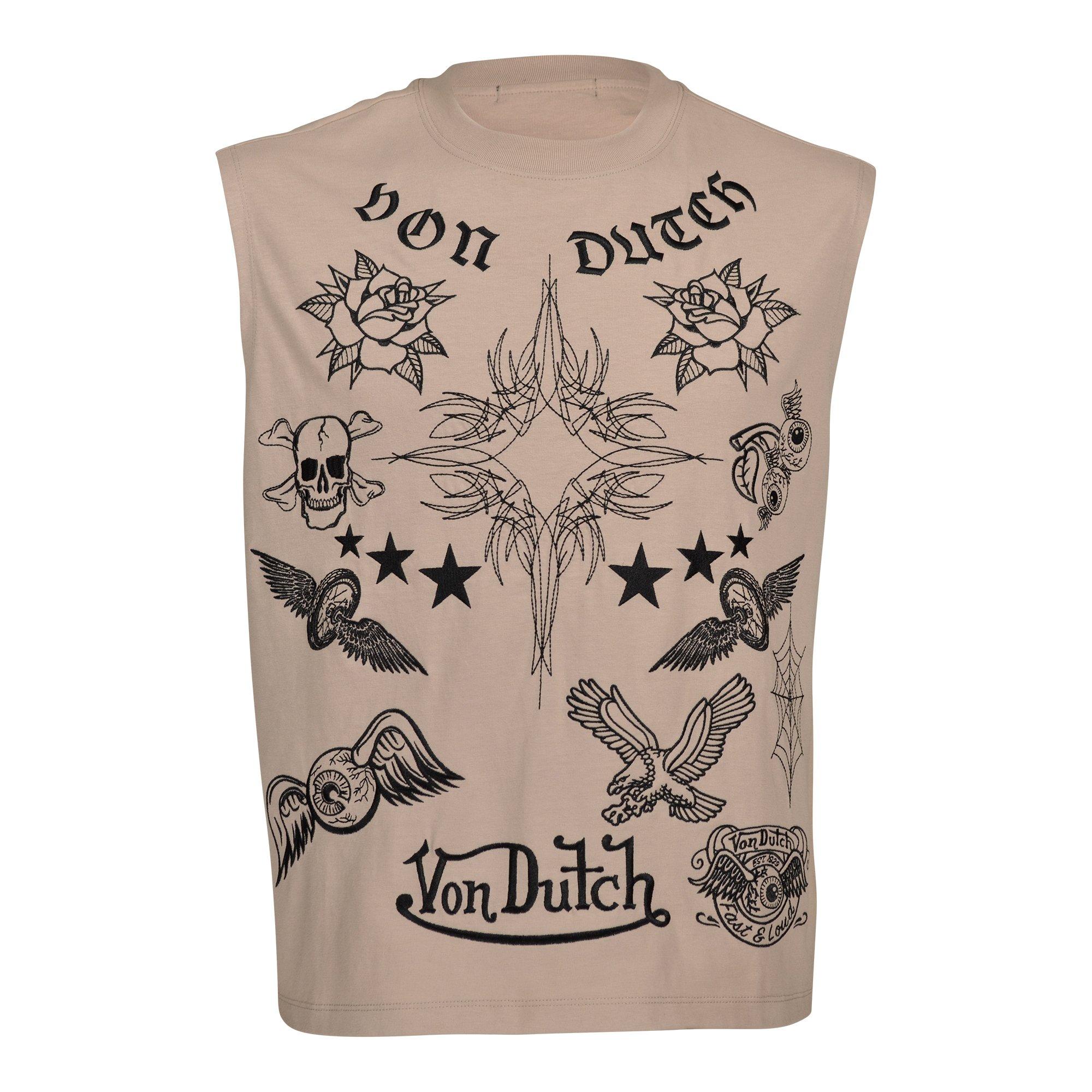 Von Dutch Men's Embellish Tattoo Ancient Scroll Muscle Shirt - TAN Thumbnail View 1