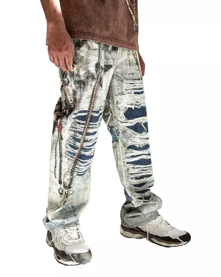 Preme Men's Canvas Print Chain Rip Pants - Indigo - INDIGO