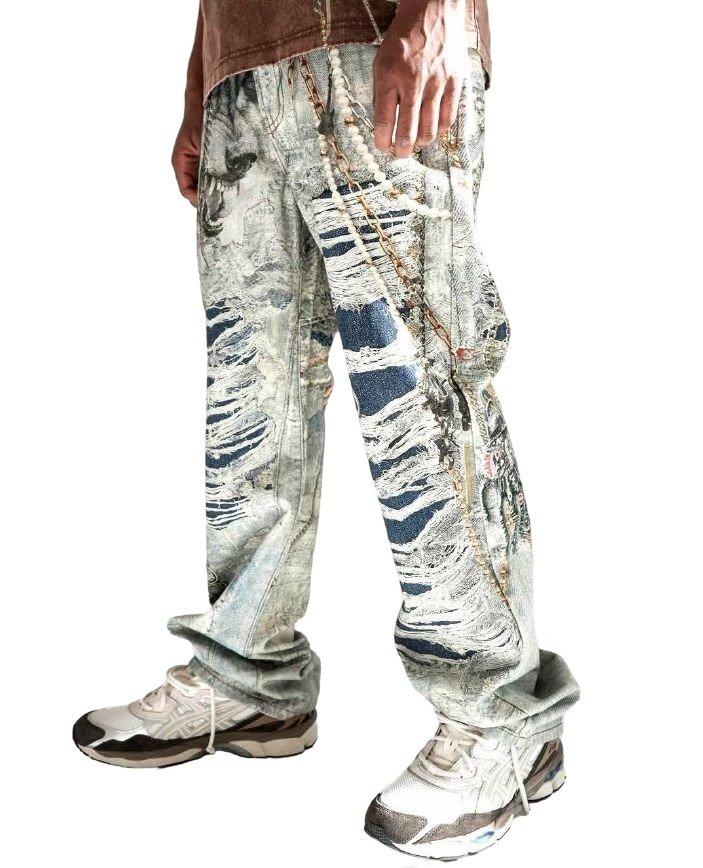 Preme Men's Canvas Print Chain Rip Pants - Indigo - INDIGO Thumbnail View 3