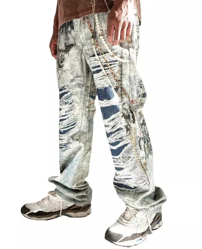 Preme Men's Canvas Print Chain Rip Pants - Indigo - INDIGO