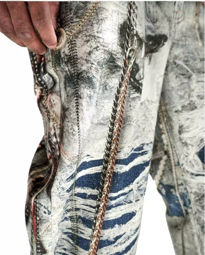 Preme Men's Canvas Print Chain Rip Pants - Indigo - INDIGO