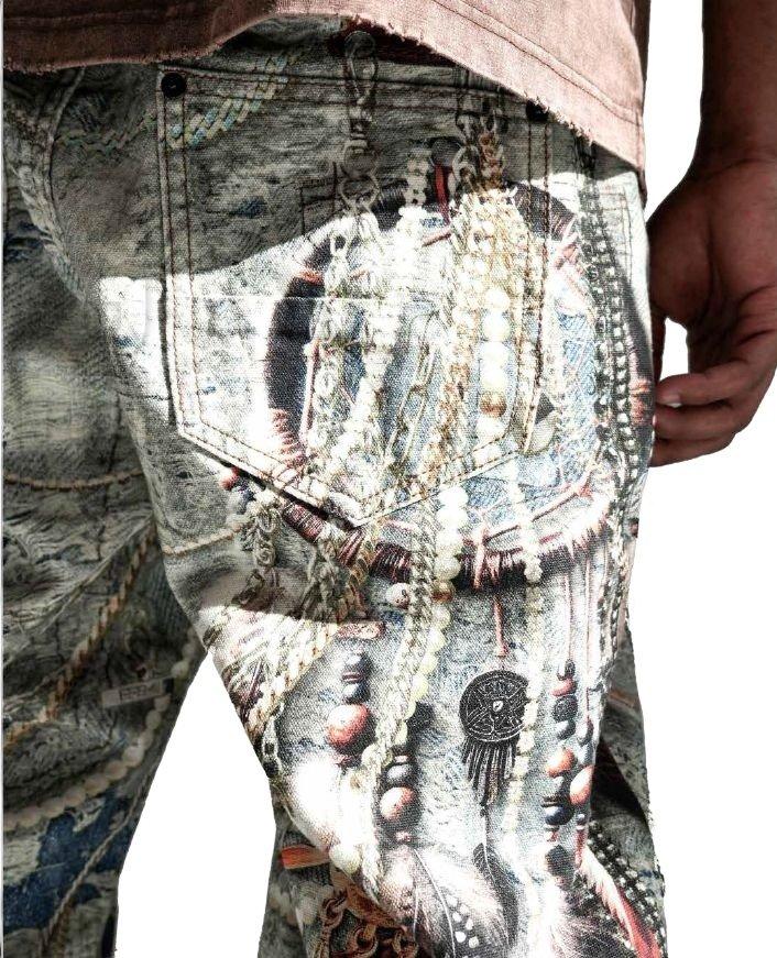 Preme Men's Canvas Print Chain Rip Pants - Indigo - INDIGO Thumbnail View 5