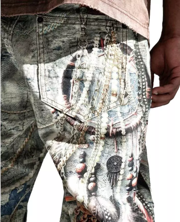 Preme Men's Canvas Print Chain Rip Pants - Indigo - INDIGO