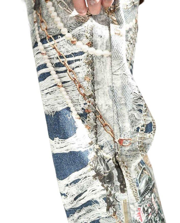 Preme Men's Canvas Print Chain Rip Pants - Indigo - INDIGO Thumbnail View 6