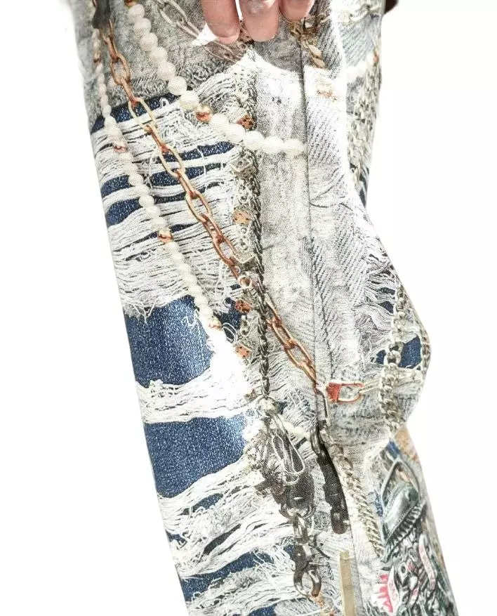 Preme Men's Canvas Print Chain Rip Pants - Indigo - INDIGO