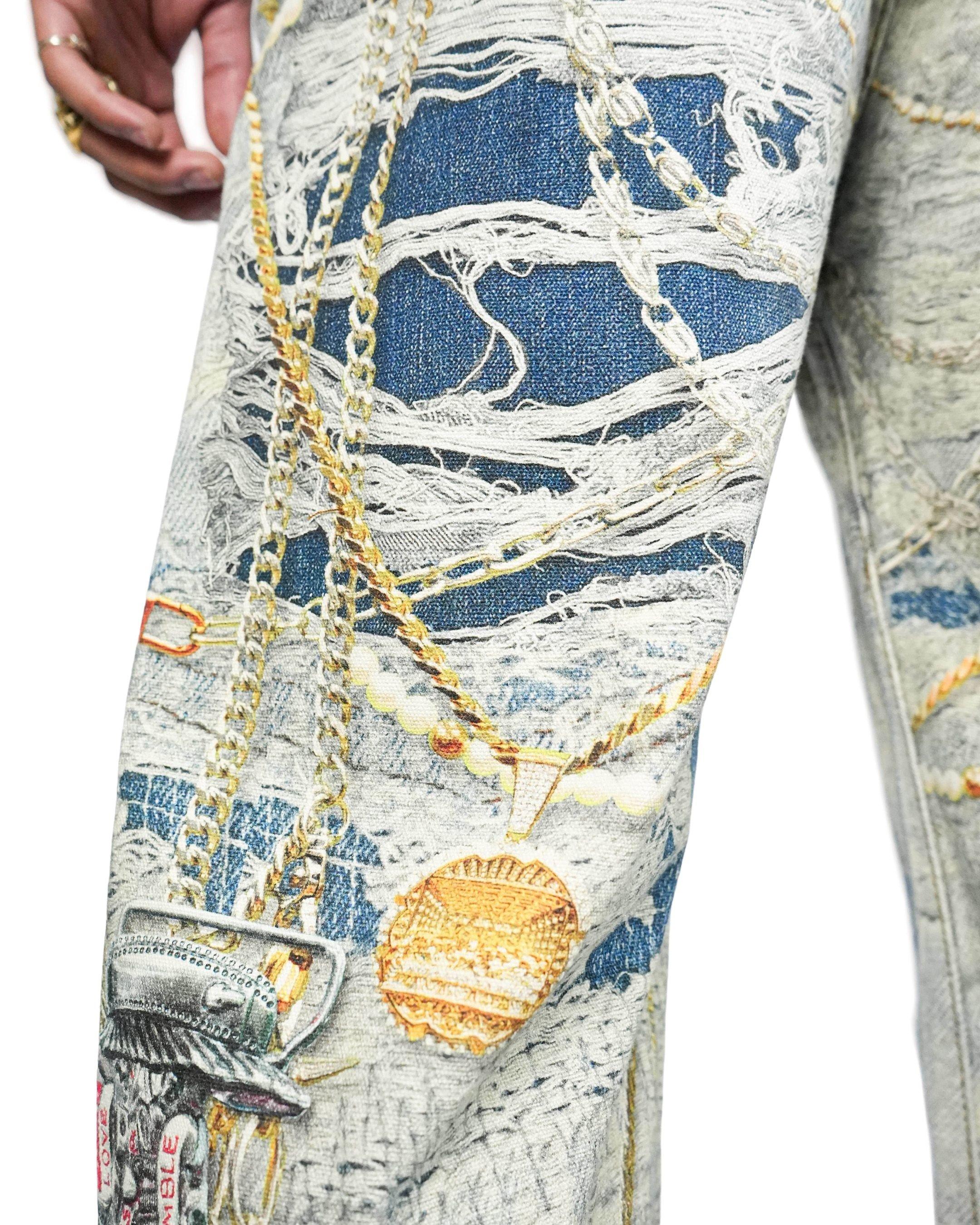 Preme Men's Canvas Print Chain Rip Pants - Indigo - INDIGO Thumbnail View 9