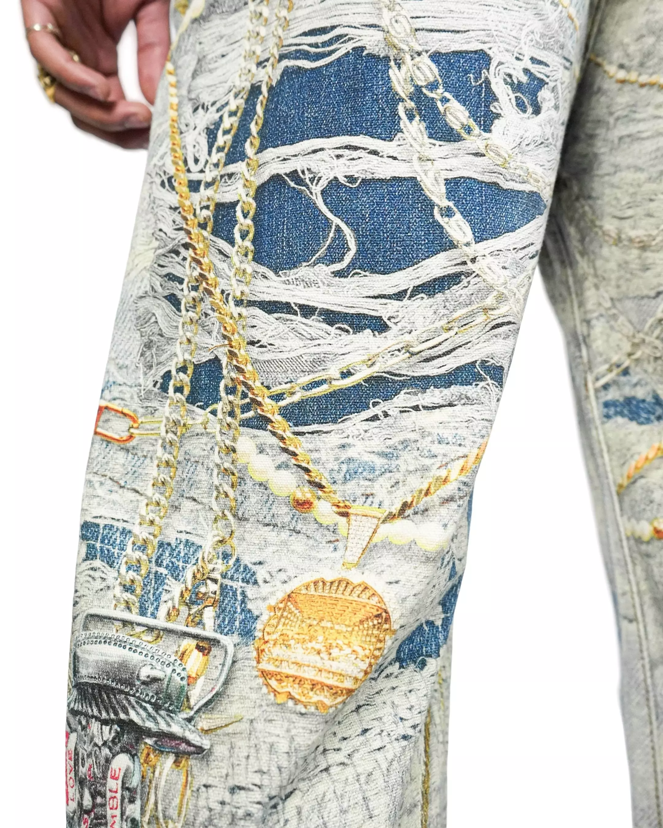 Preme Men's Canvas Print Chain Rip Pants - Indigo - INDIGO