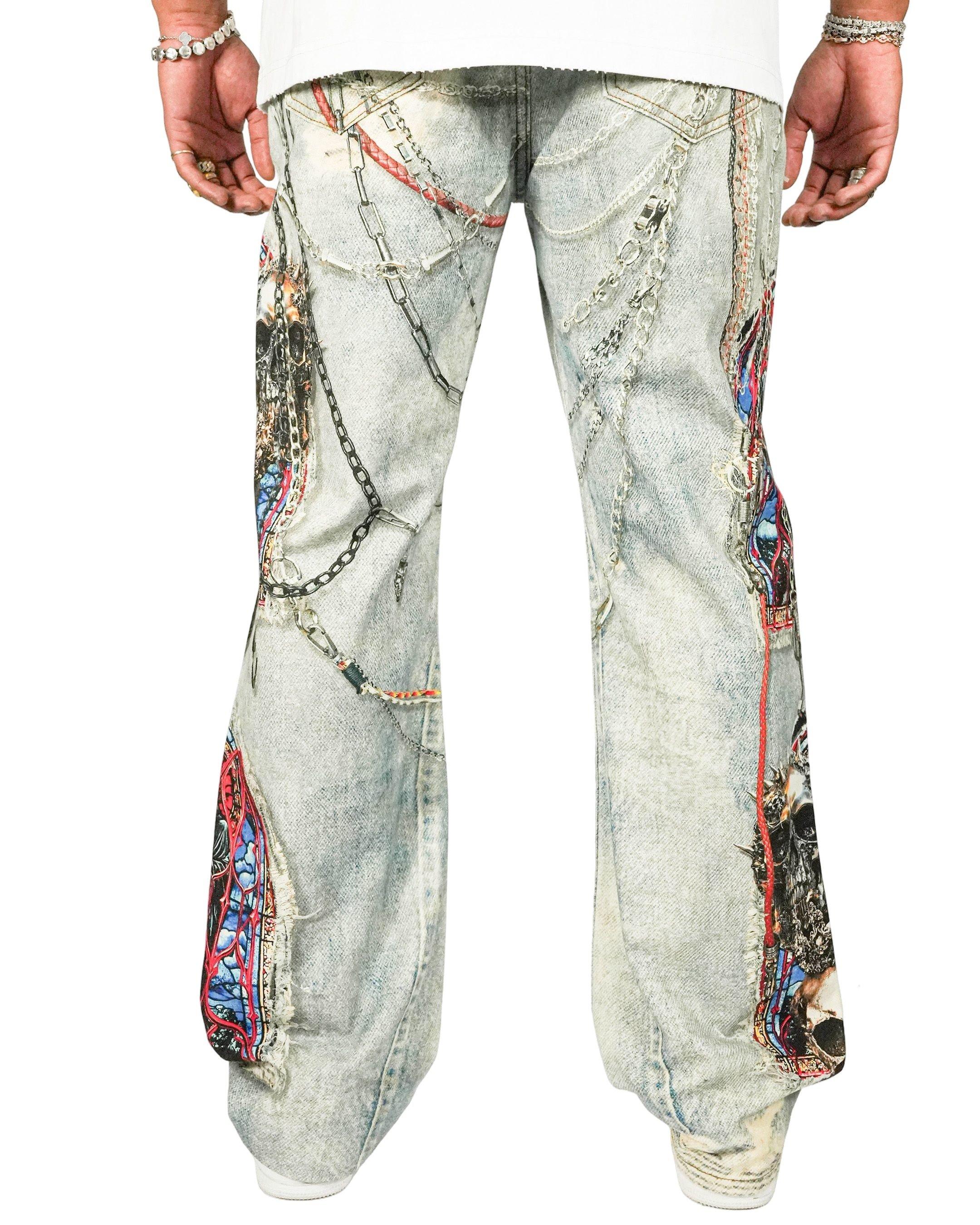 Preme Men's Canvas Print Stain Glass Chain Pants - Indigo - INDIGO Thumbnail View 2