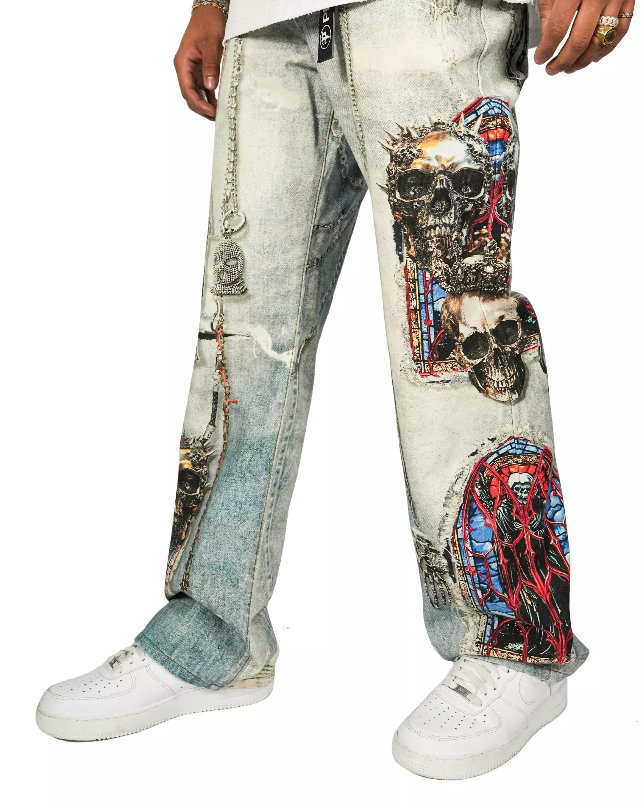 Preme Men's Canvas Print Stain Glass Chain Pants - Indigo - INDIGO