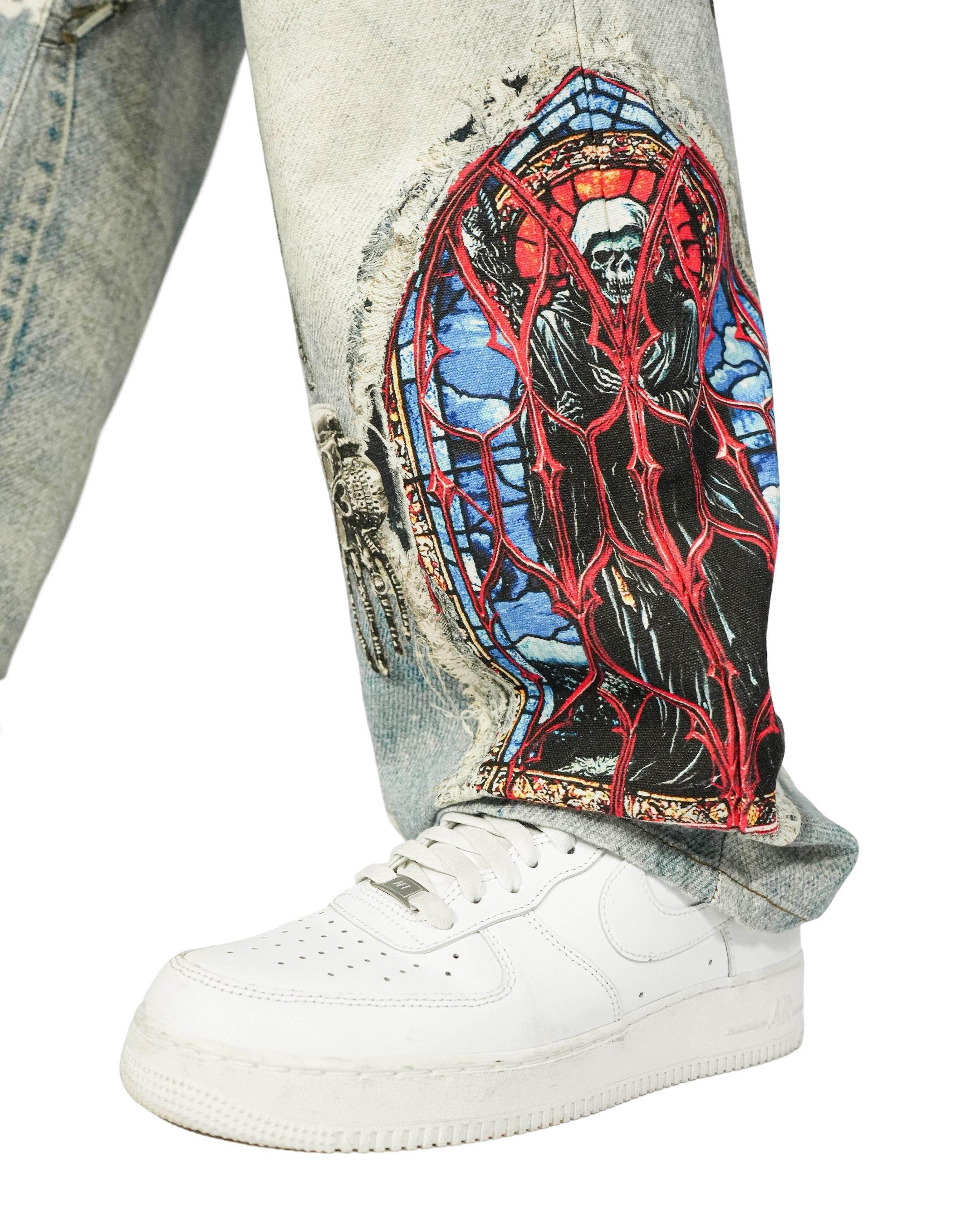 Preme Men's Canvas Print Stain Glass Chain Pants - Indigo - INDIGO Thumbnail View 5