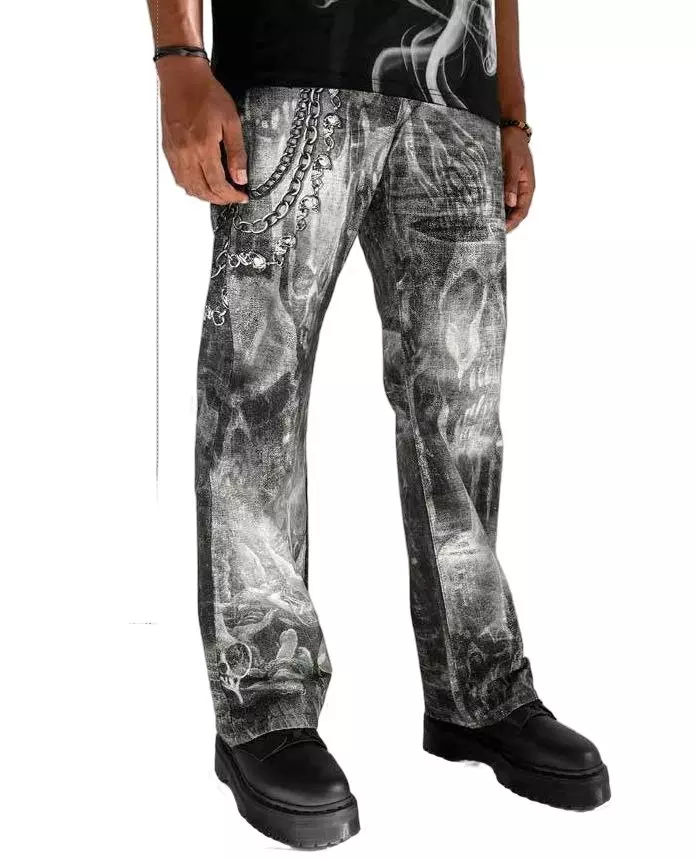 Preme Men's Canvas Print Chain Ghost Pants - Black - BLACK