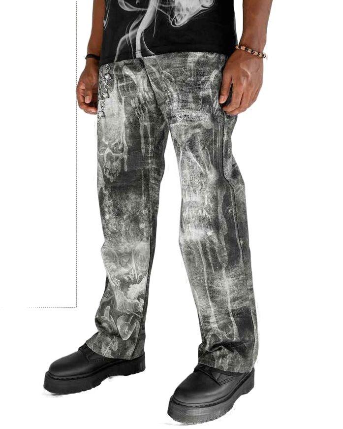 Preme Men's Canvas Print Chain Ghost Pants - Black - BLACK Thumbnail View 3