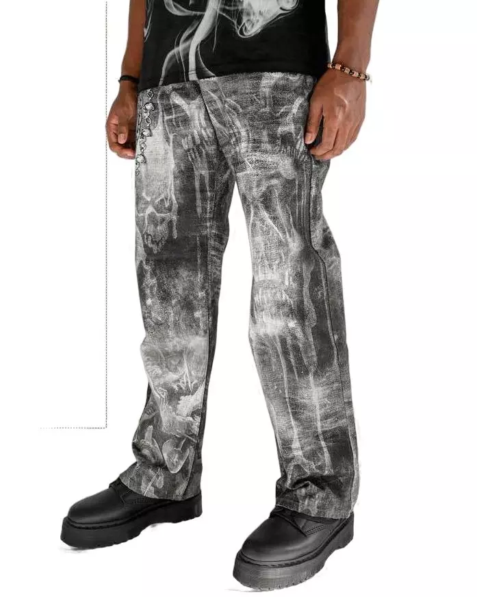 Preme Men's Canvas Print Chain Ghost Pants - Black - BLACK