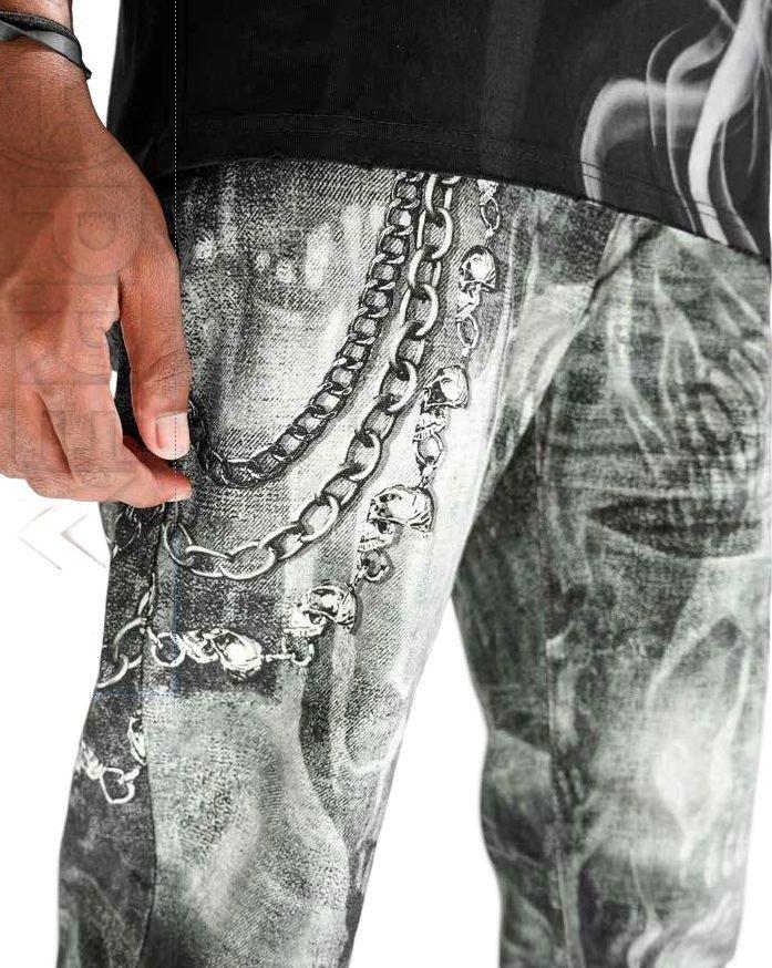 Preme Men's Canvas Print Chain Ghost Pants - Black - BLACK Thumbnail View 4