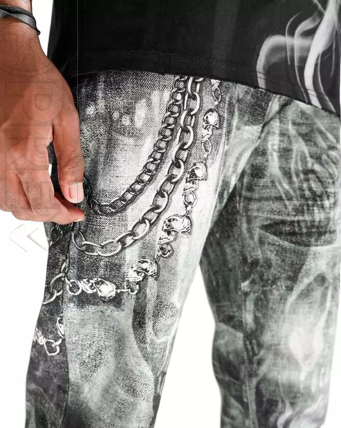 Preme Men's Canvas Print Chain Ghost Pants - Black - BLACK