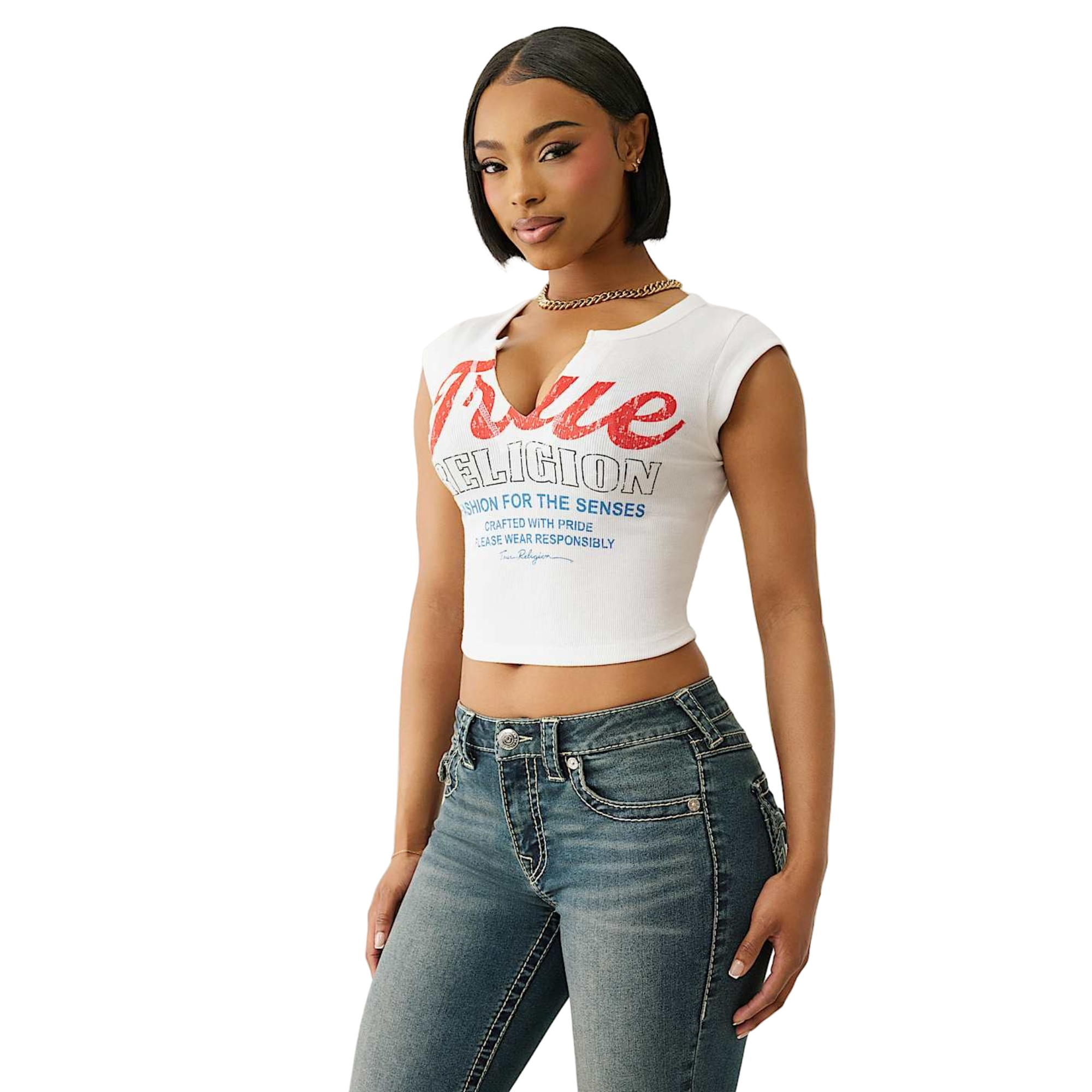 True Religion Women's Vintage Notch Baby Tee - WHITE/RED/BLUE Thumbnail View 4