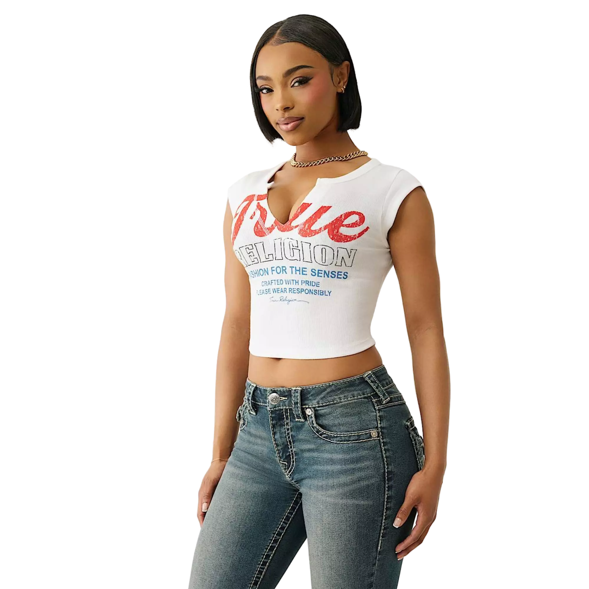 True Religion Women's Vintage Notch Baby Tee - WHITE/RED/BLUE
