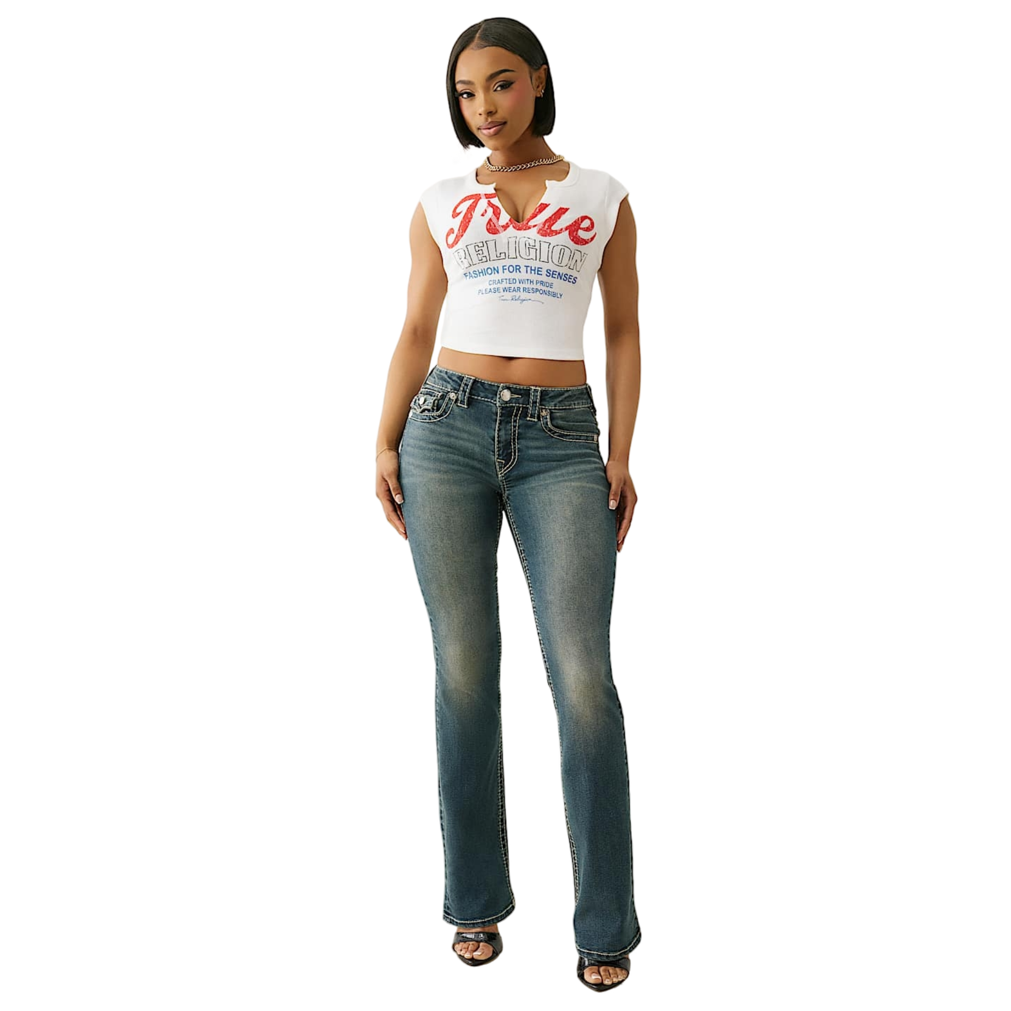 True Religion Women's Vintage Notch Baby Tee - WHITE/RED/BLUE Thumbnail View 5