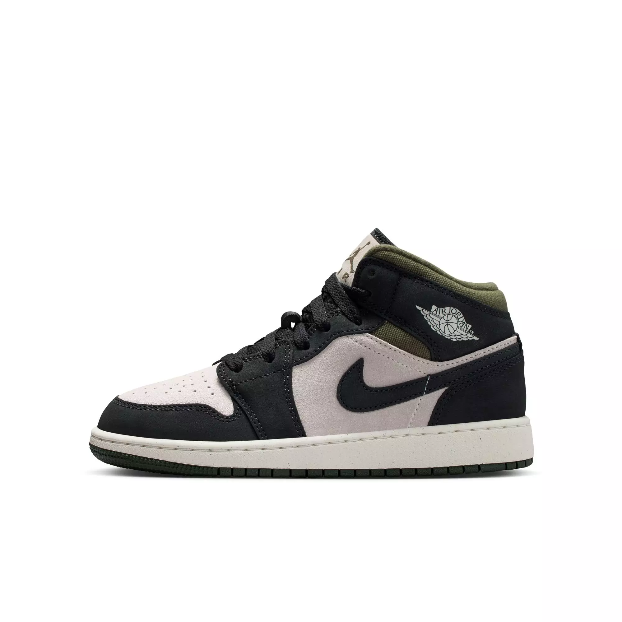 Jordan 1 Mid SE "Lt Orewood Brn/Off Noir/Medium Olive" Grade School Boys' Shoe - OLIVE/KHAKI