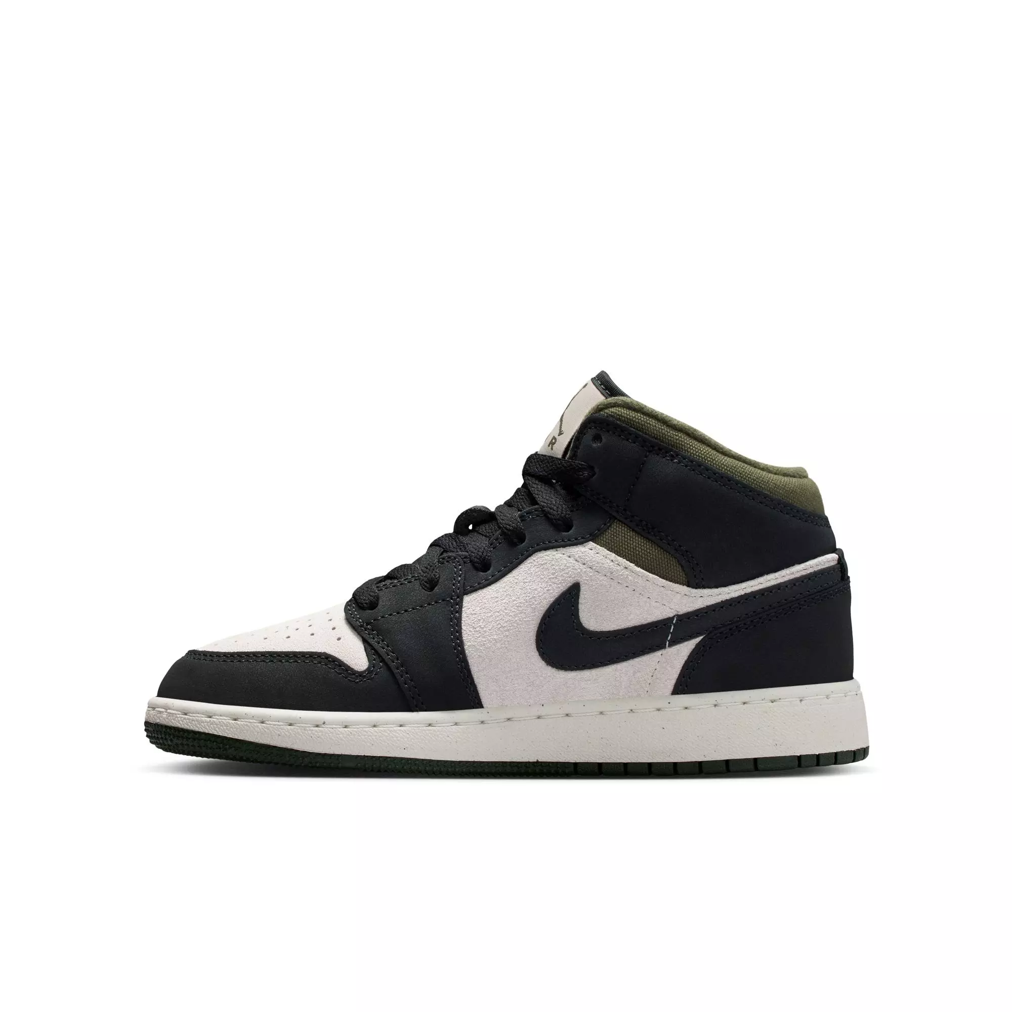 Jordan 1 Mid SE "Lt Orewood Brn/Off Noir/Medium Olive" Grade School Boys' Shoe - OLIVE/KHAKI