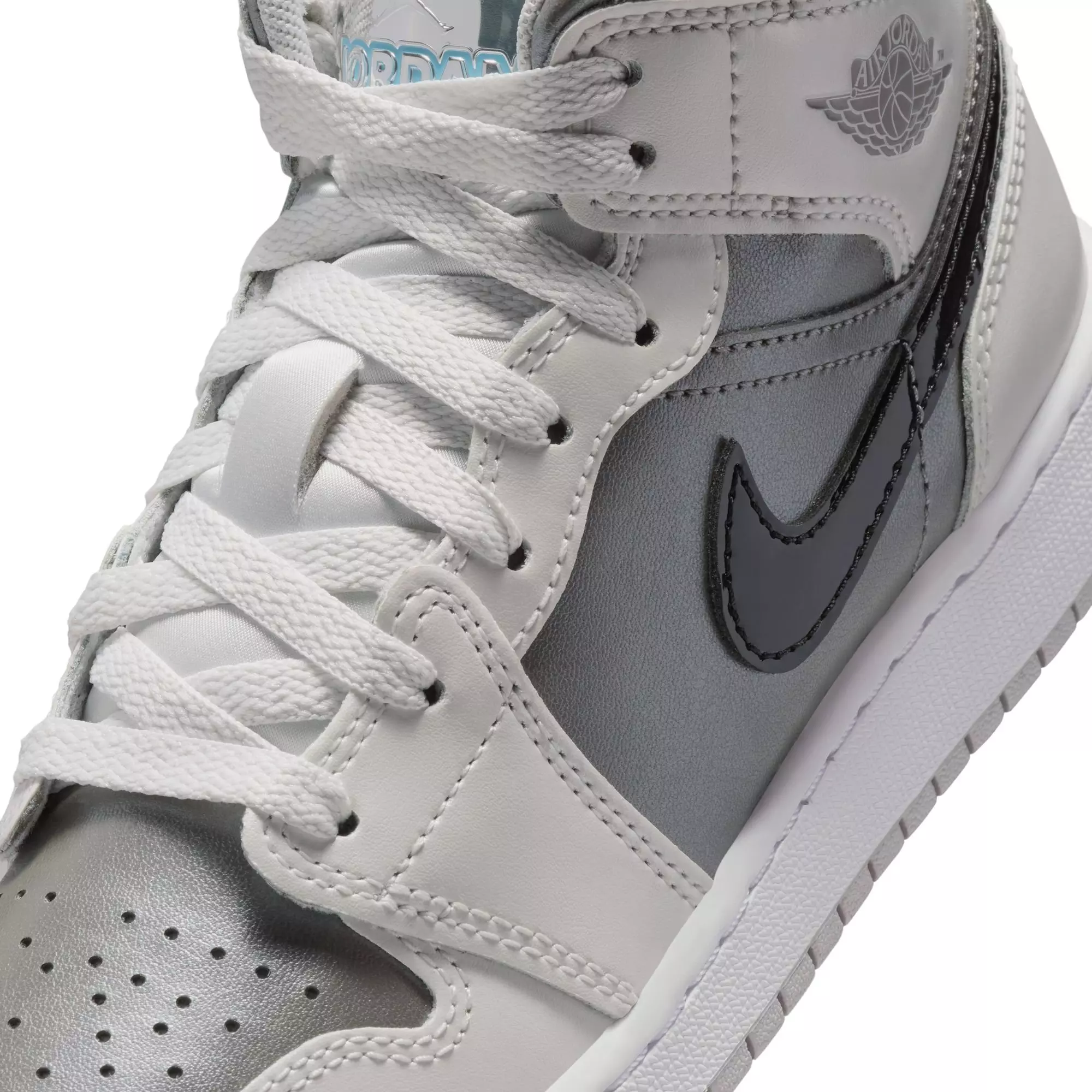 Jordan 1 Mid SE "Photon Dust/Blue Chill/Flat Pewter/Black" Grade School Boys' Shoe - GREY/BLUE/BLACK