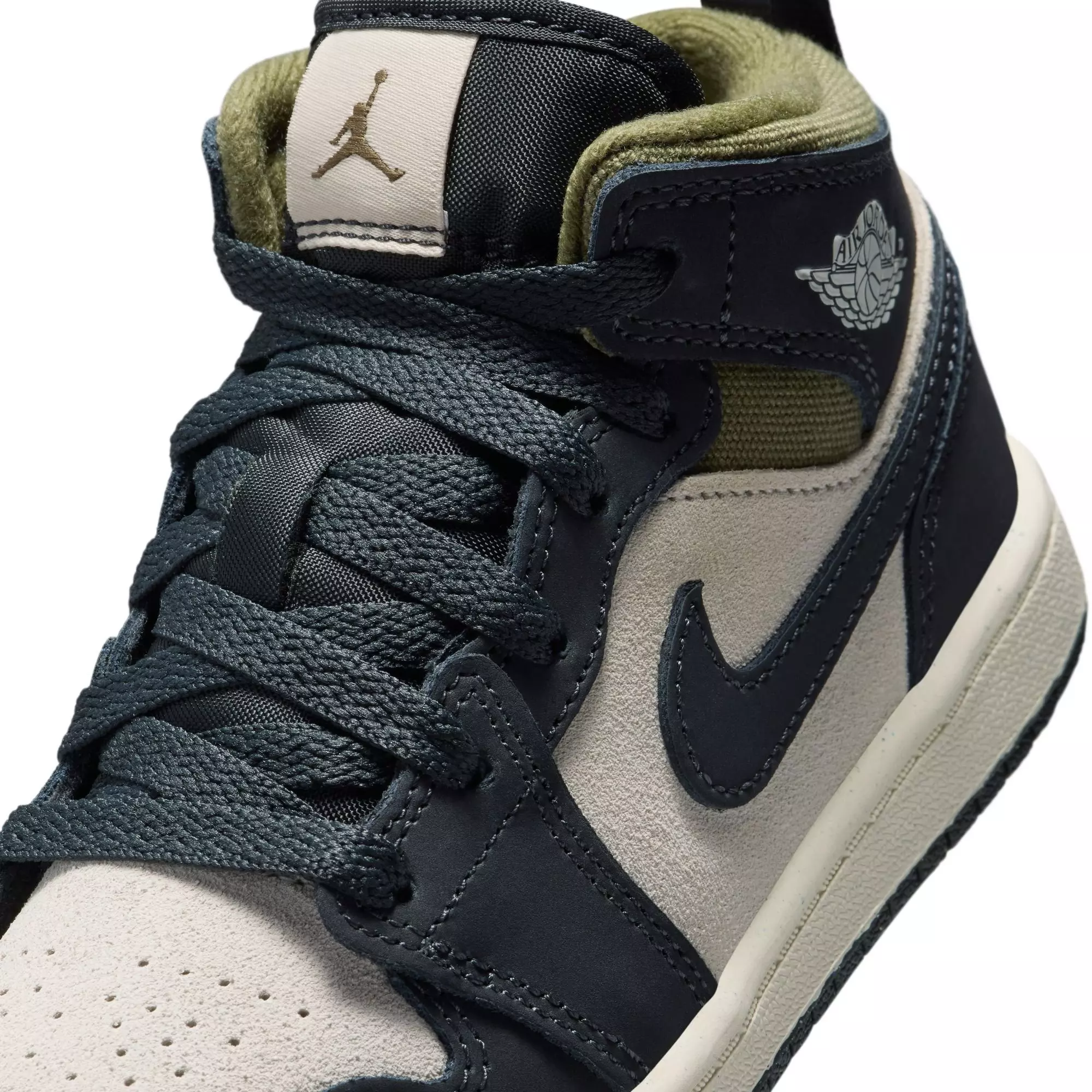 Jordan 1 Mid SE "Lt Orewood Brn/Off Noir/Medium Olive" Preschool Boys' Shoe - OLIVE/KHAKI