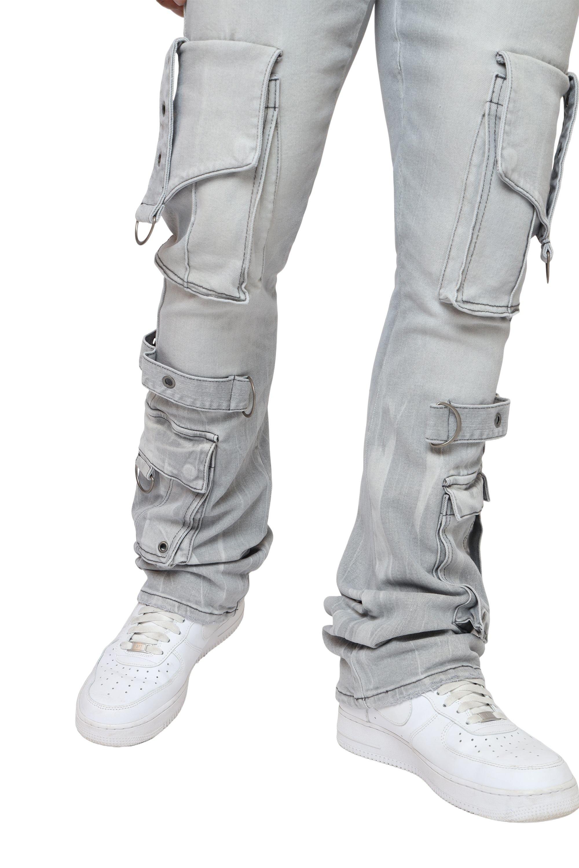 Smoke Rise Men's Stacked Flared Eyelet Cargo Jeans - Rubio Grey - GREY Thumbnail View 1