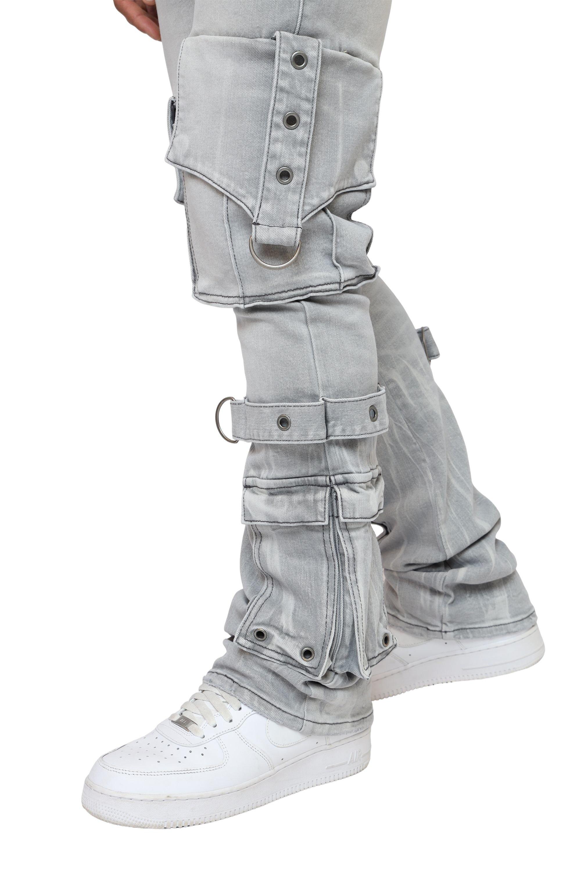 Smoke Rise Men's Stacked Flared Eyelet Cargo Jeans - Rubio Grey - GREY Thumbnail View 2