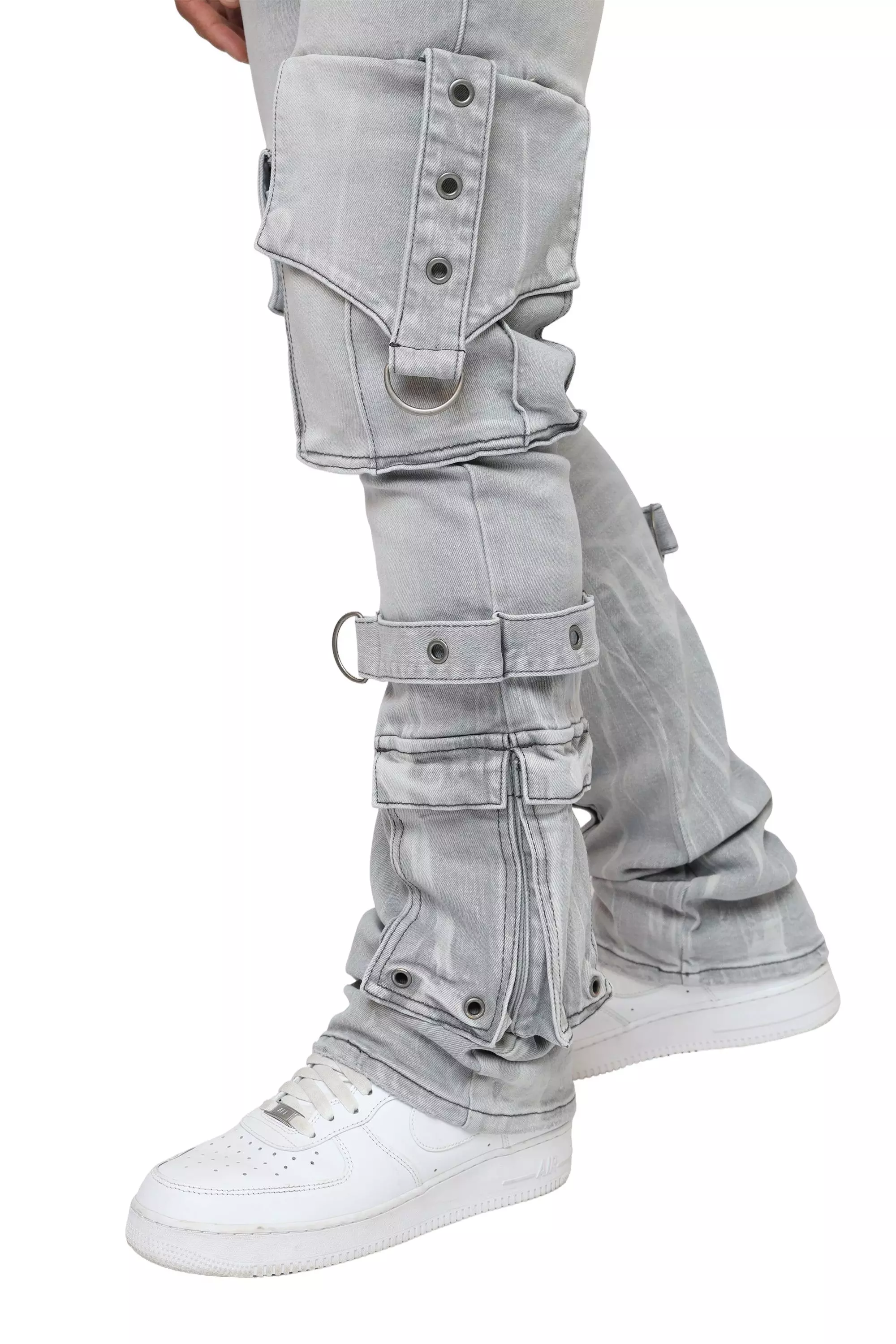 Smoke Rise Men's Stacked Flared Eyelet Cargo Jeans - Rubio Grey - GREY