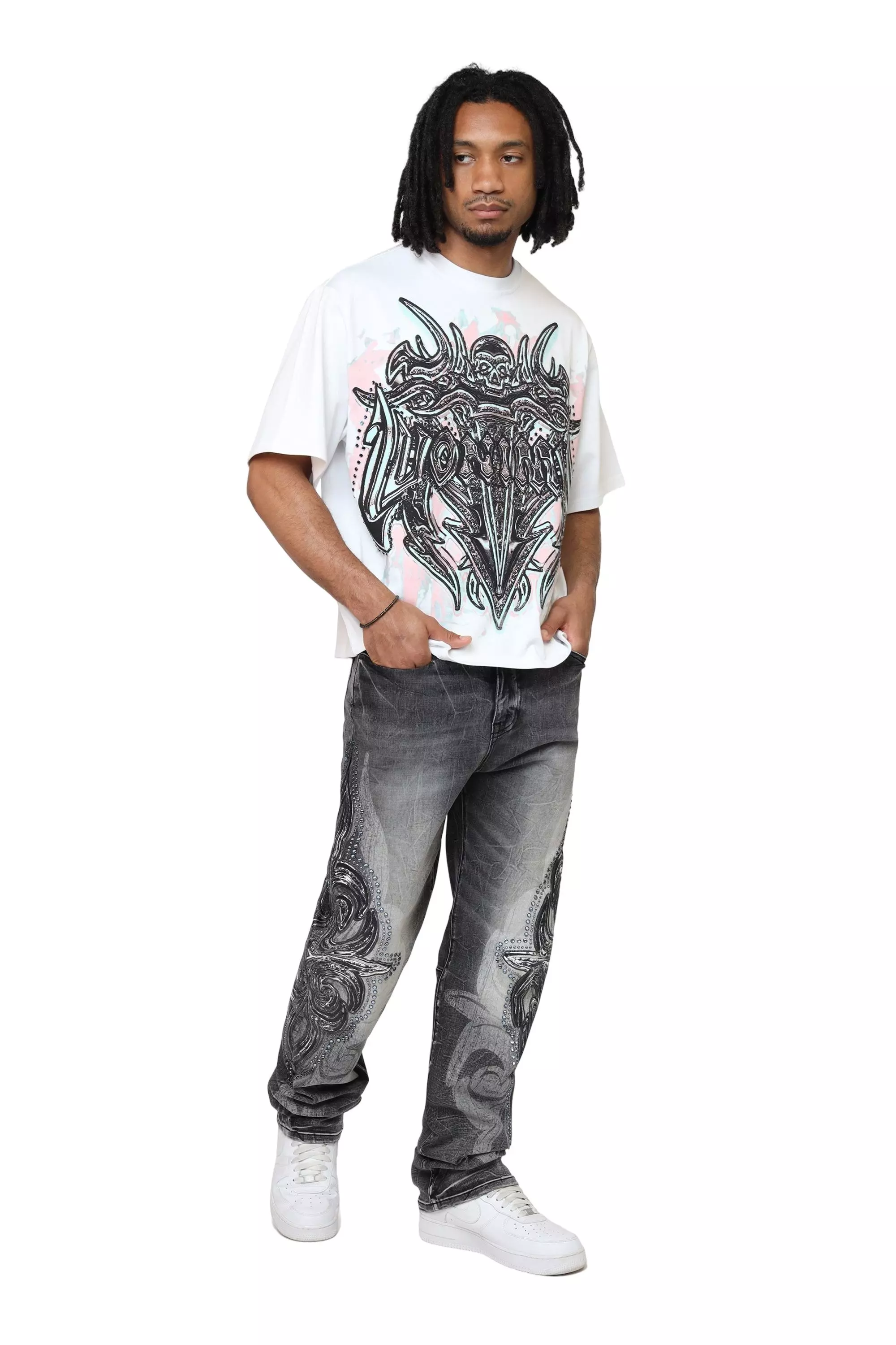 Smoke Rise Men's Luminous Studded Crop Tee - White - WHITE