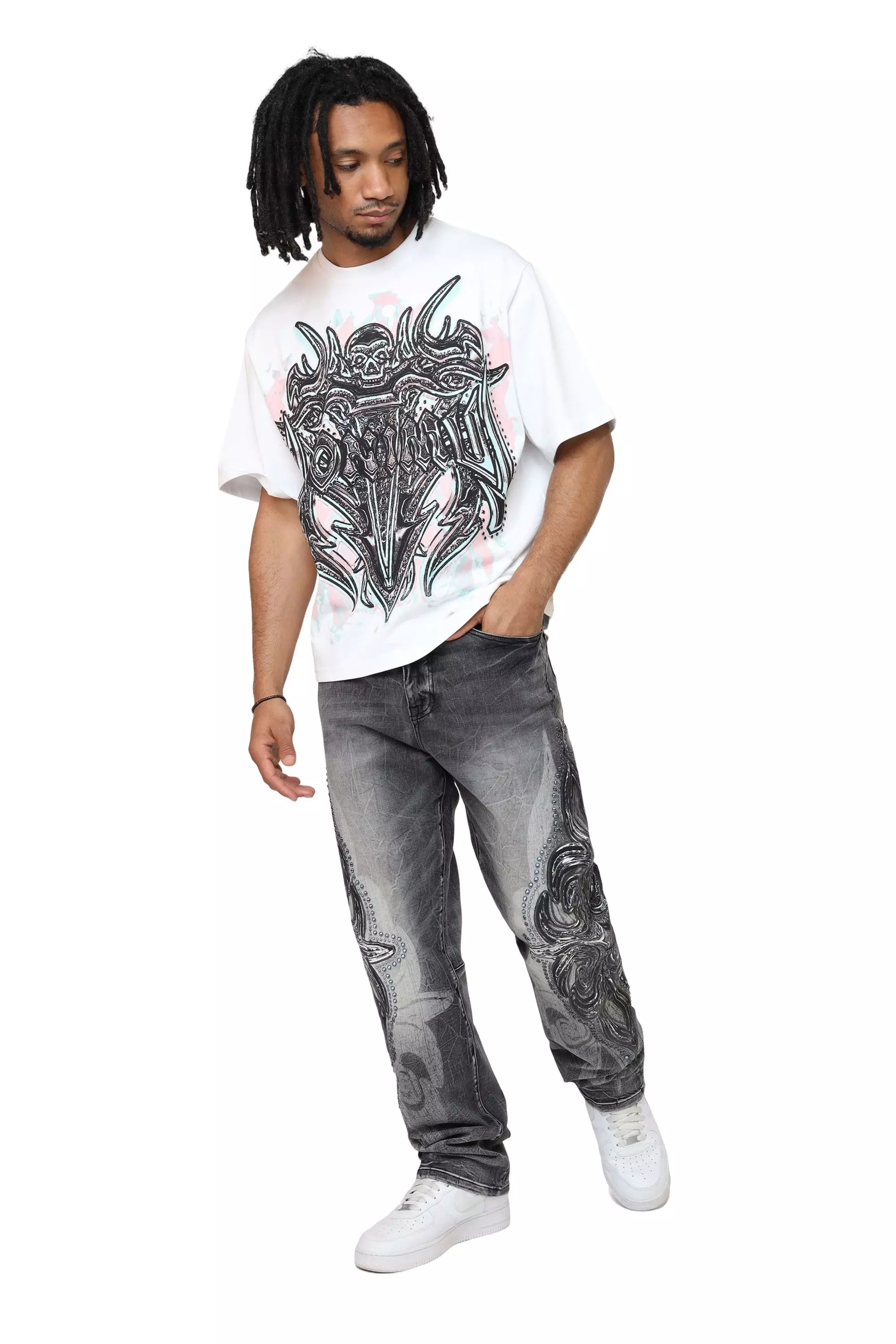 Smoke Rise Men's Luminous Studded Crop Tee - White - WHITE