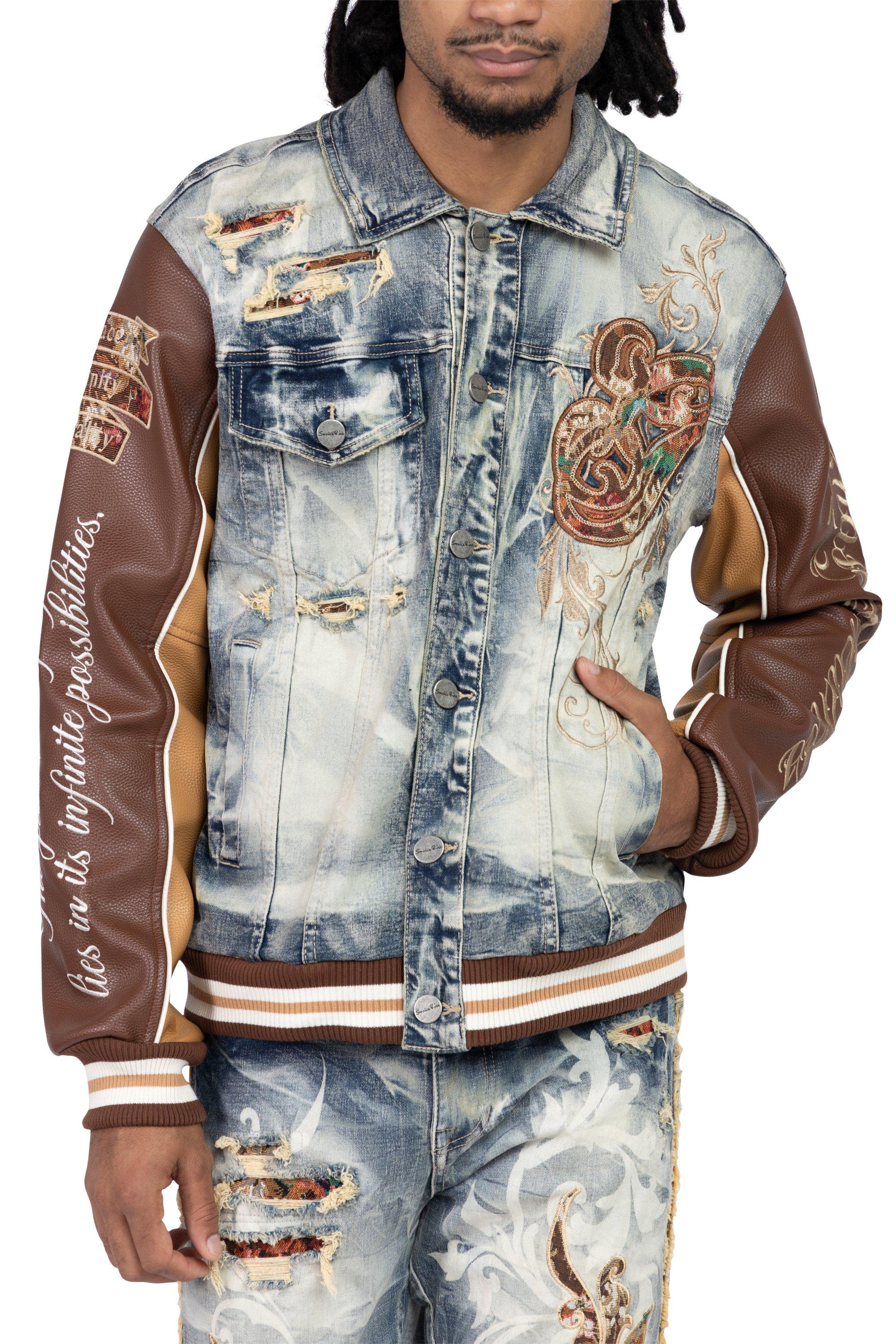 Smoke Rise Men's Varsity Denim & PU Jacket - Blue Toast - BROWN Thumbnail View 1