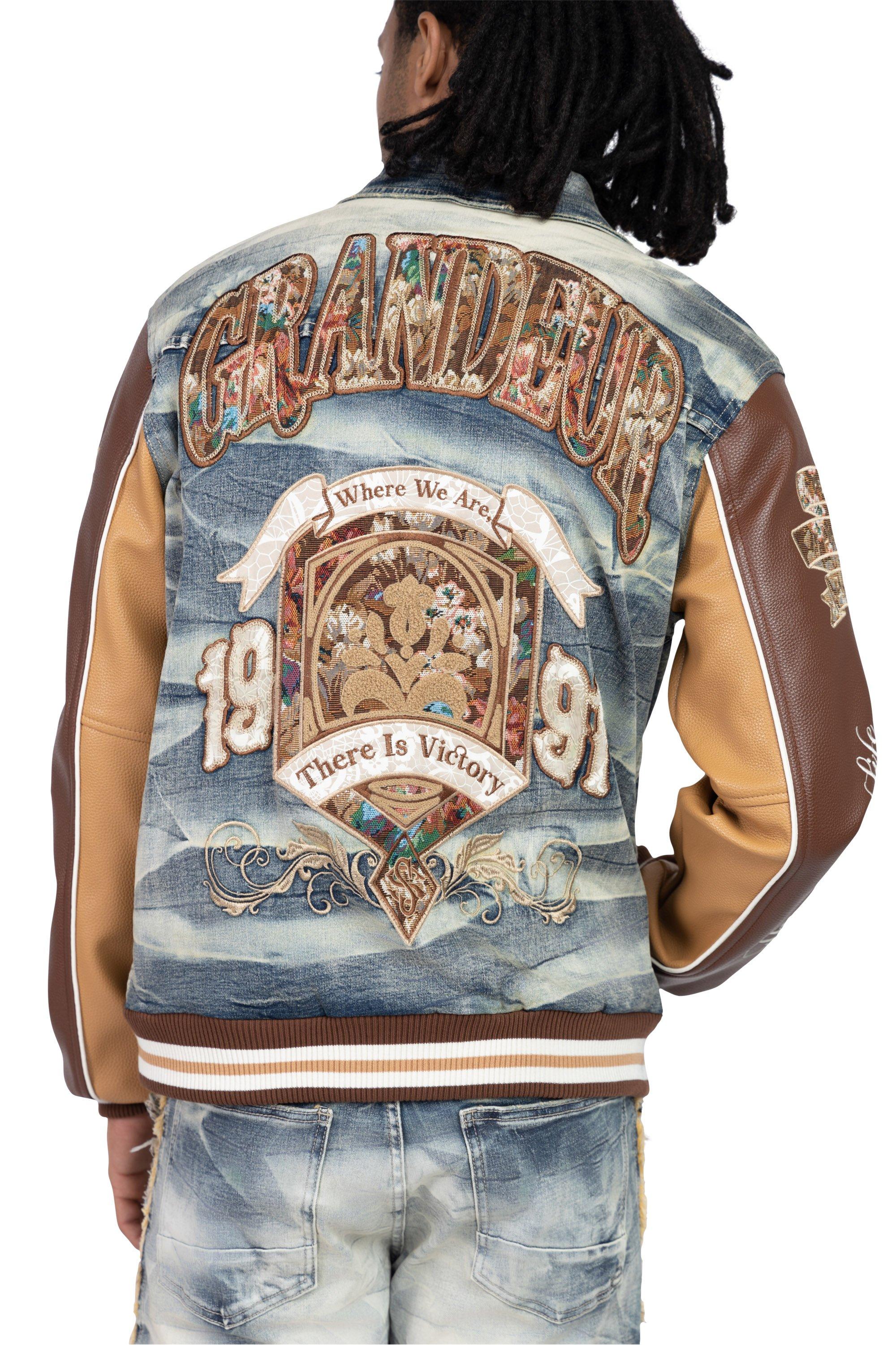 Smoke Rise Men's Varsity Denim & PU Jacket - Blue Toast - BROWN Thumbnail View 2