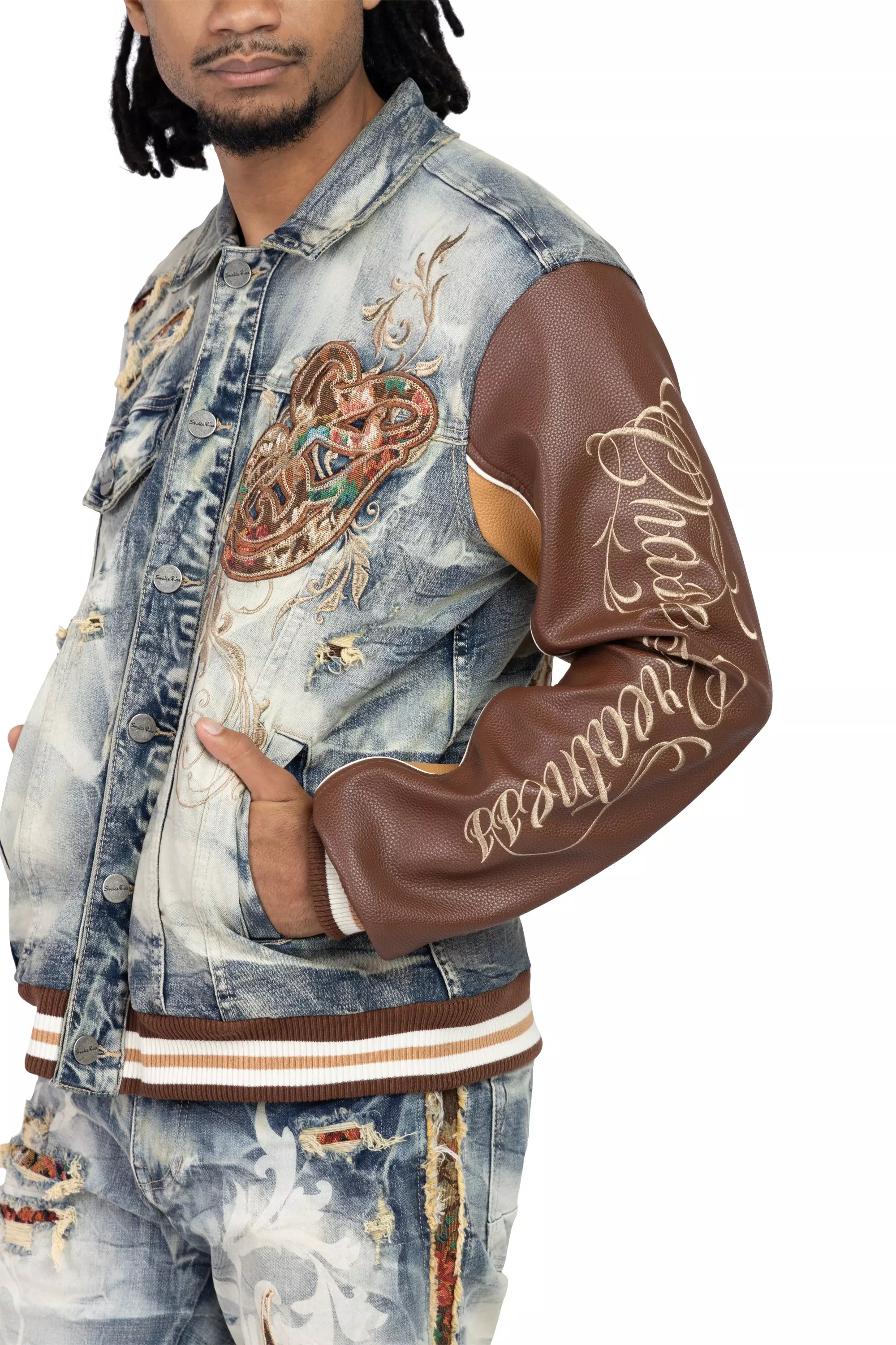Smoke Rise Men's Varsity Denim & PU Jacket - Blue Toast - BROWN