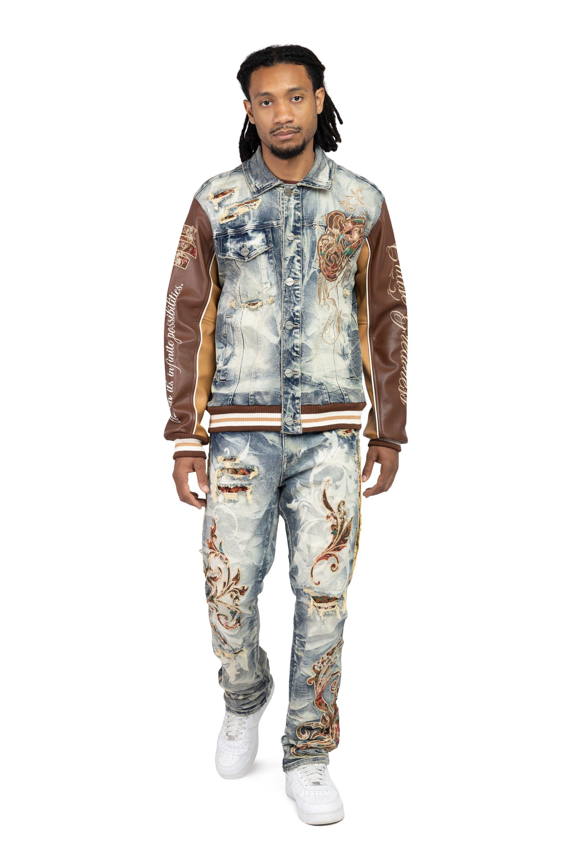 Smoke Rise Men's Varsity Denim & PU Jacket - Blue Toast - BROWN Thumbnail View 4