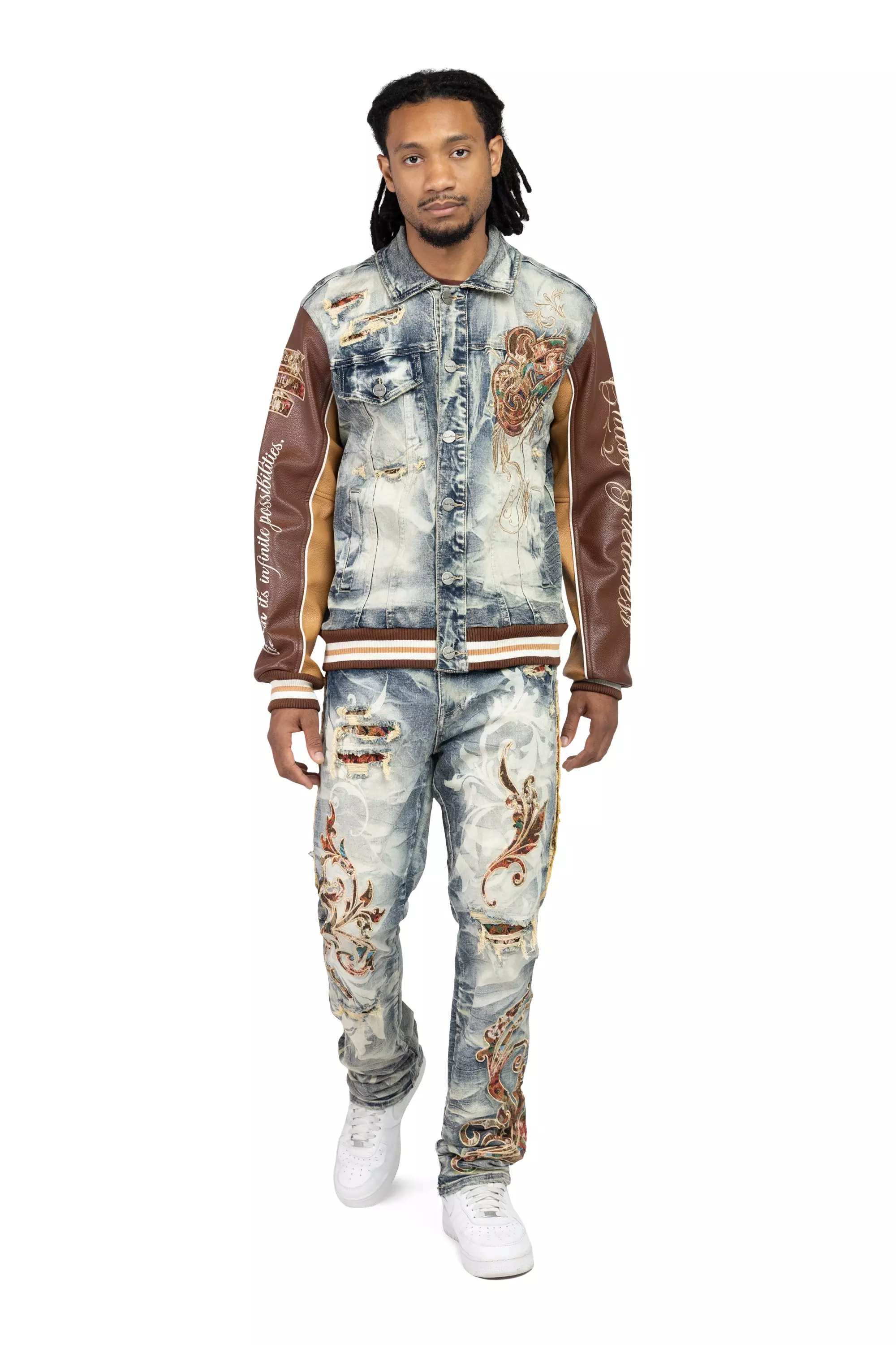 Smoke Rise Men's Varsity Denim & PU Jacket - Blue Toast - BROWN