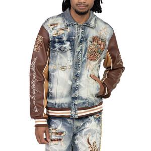 Smoke Rise Men's Varsity Denim & PU Jacket - Blue Toast