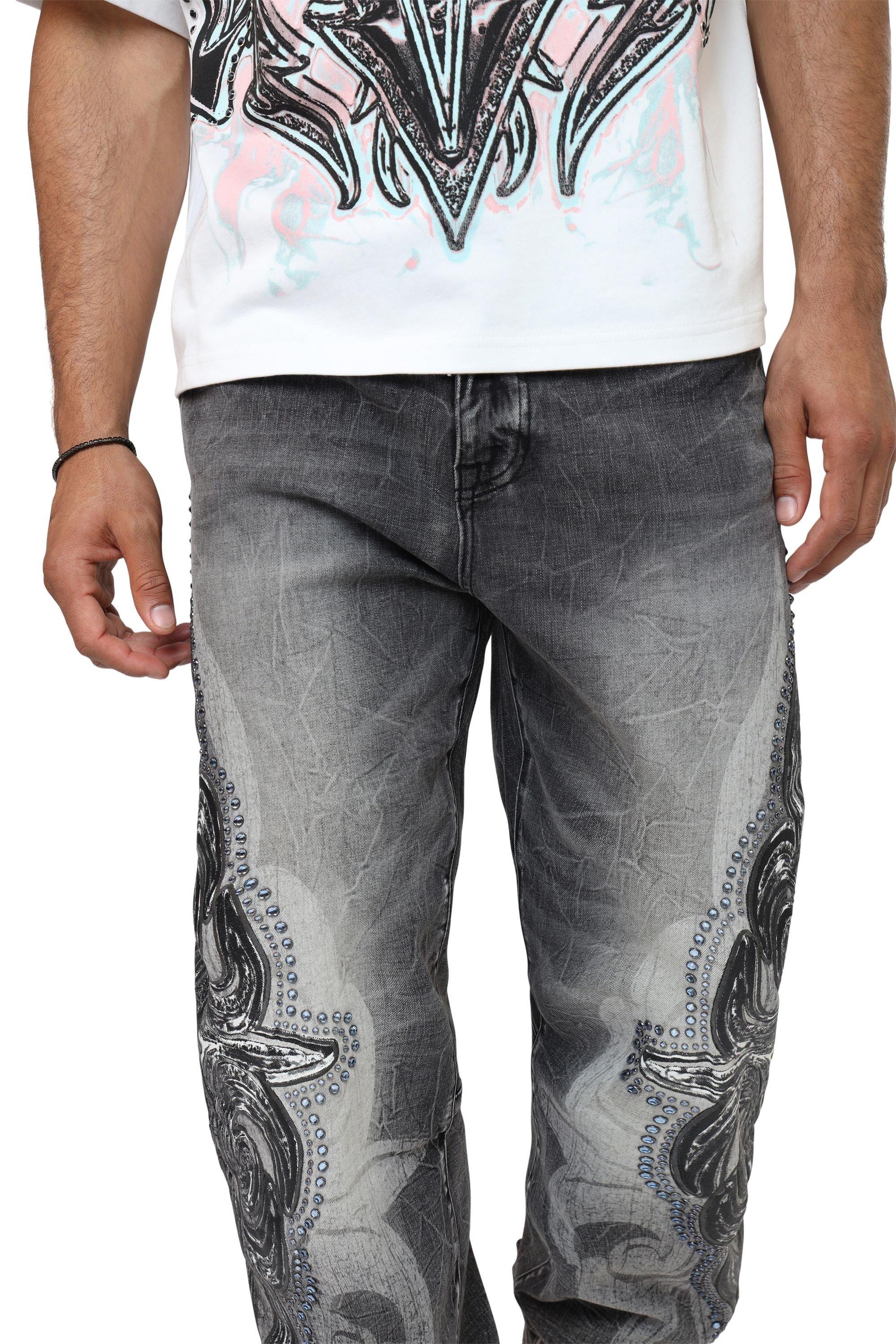 Smoke Rise Men's Retro Luminous Stud Wide Leg Denim Jeans - Eris Grey - GREY Thumbnail View 1