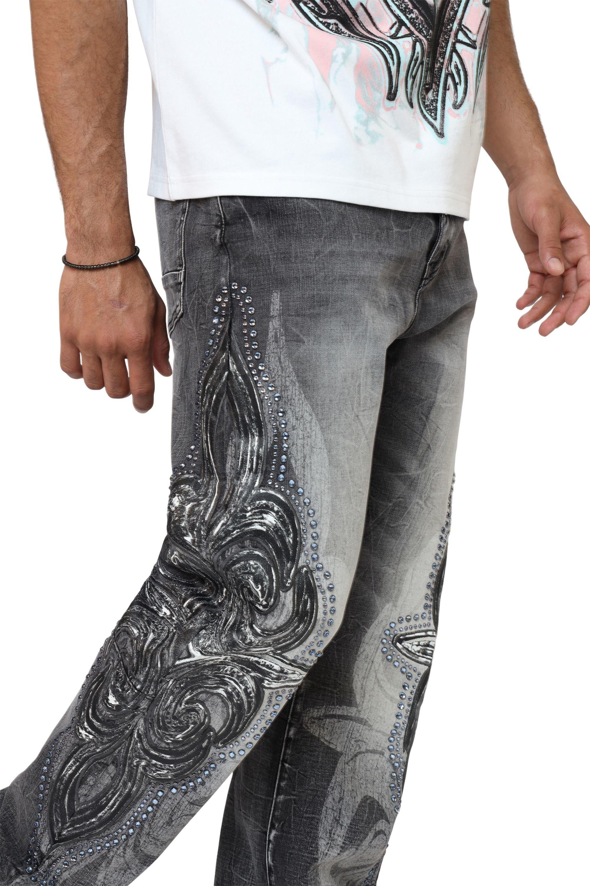 Smoke Rise Men's Retro Luminous Stud Wide Leg Denim Jeans - Eris Grey - GREY Thumbnail View 2