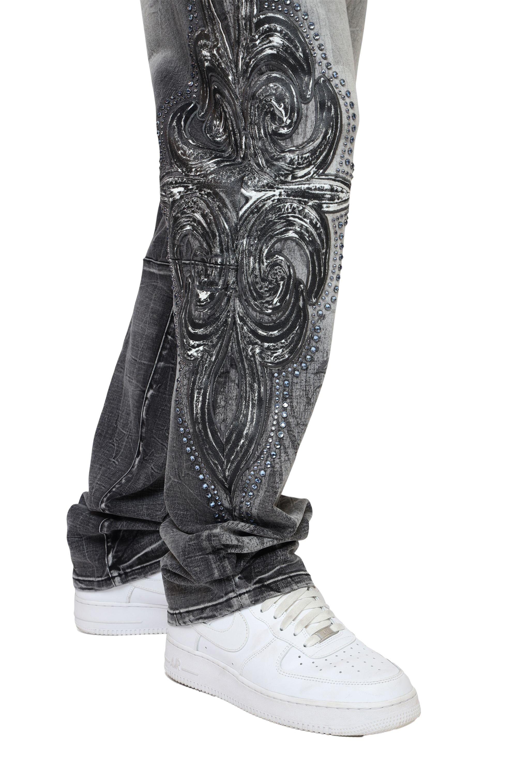 Smoke Rise Men's Retro Luminous Stud Wide Leg Denim Jeans - Eris Grey - GREY Thumbnail View 3