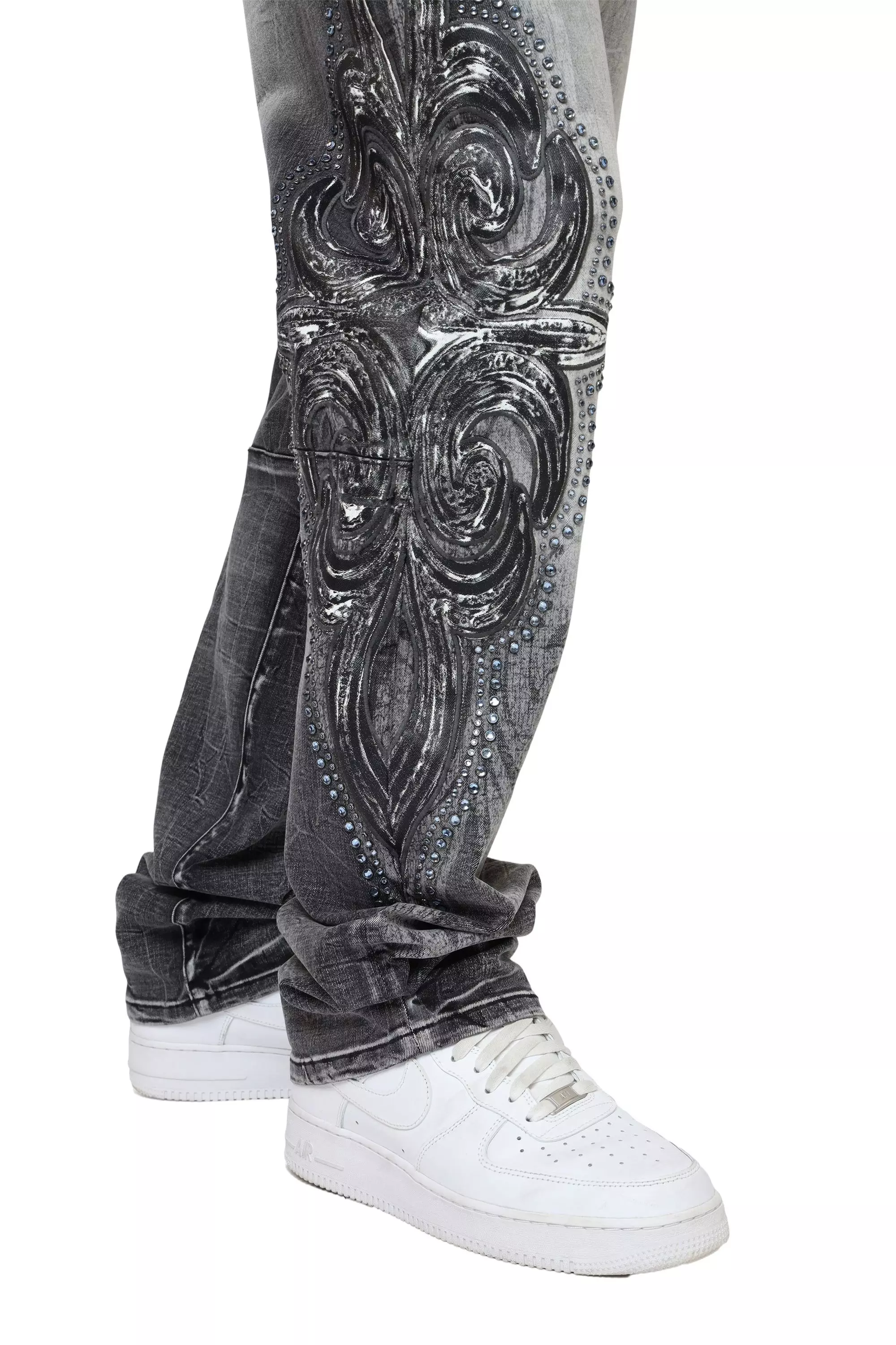 Smoke Rise Men's Retro Luminous Stud Wide Leg Denim Jeans - Eris Grey - GREY